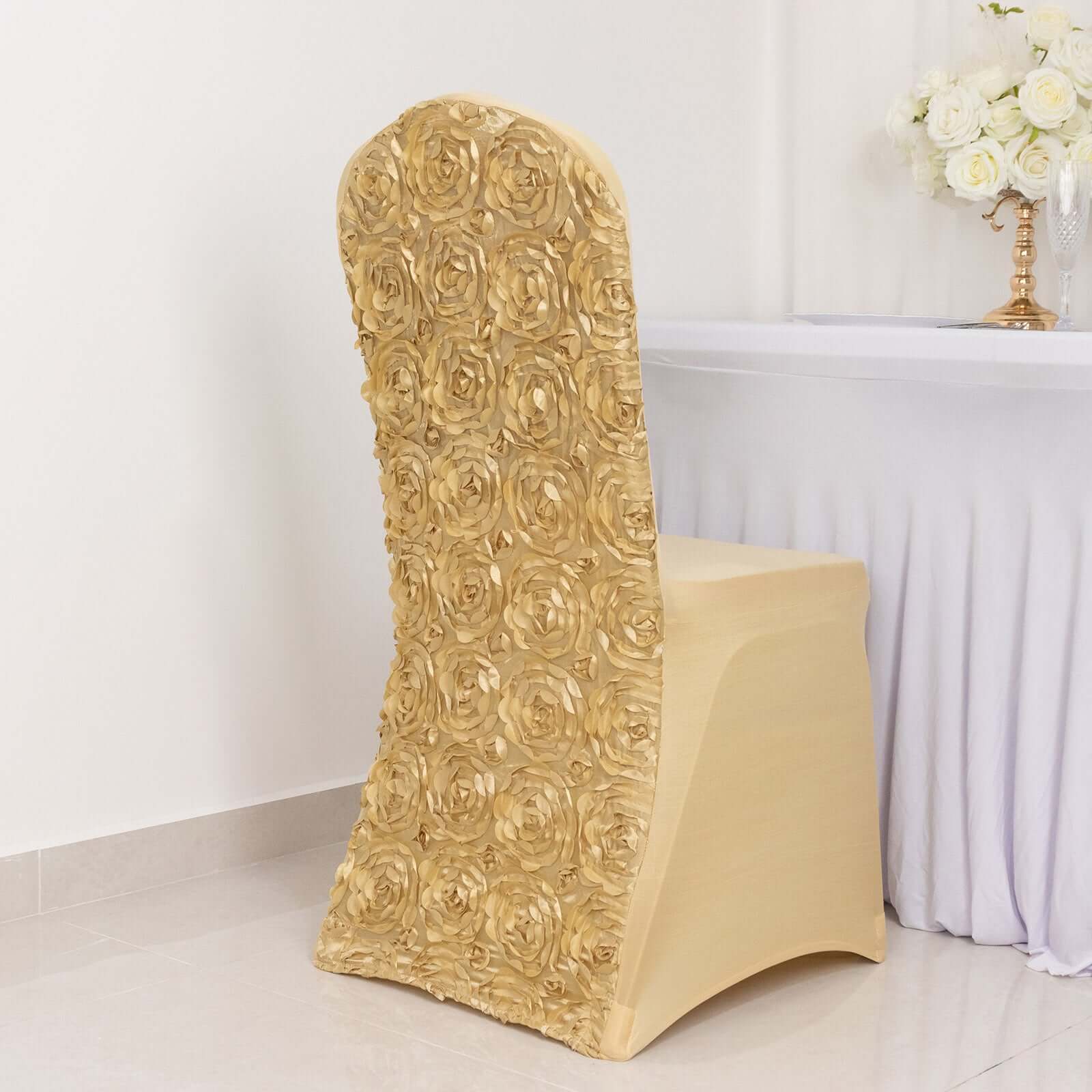 Hot Sale! Stretch Fitted Champagne Satin Rosette Slip-On Chair Cover for Banquet Chairs