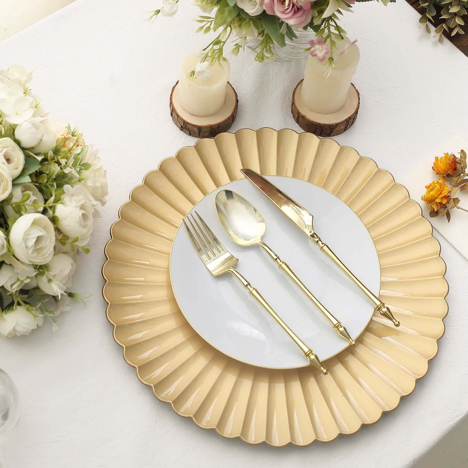 6-Pack Gold Plastic Round Charger Plates, 13 inches, Coastal Style with Scalloped Shell Pattern, Disposable Tableware