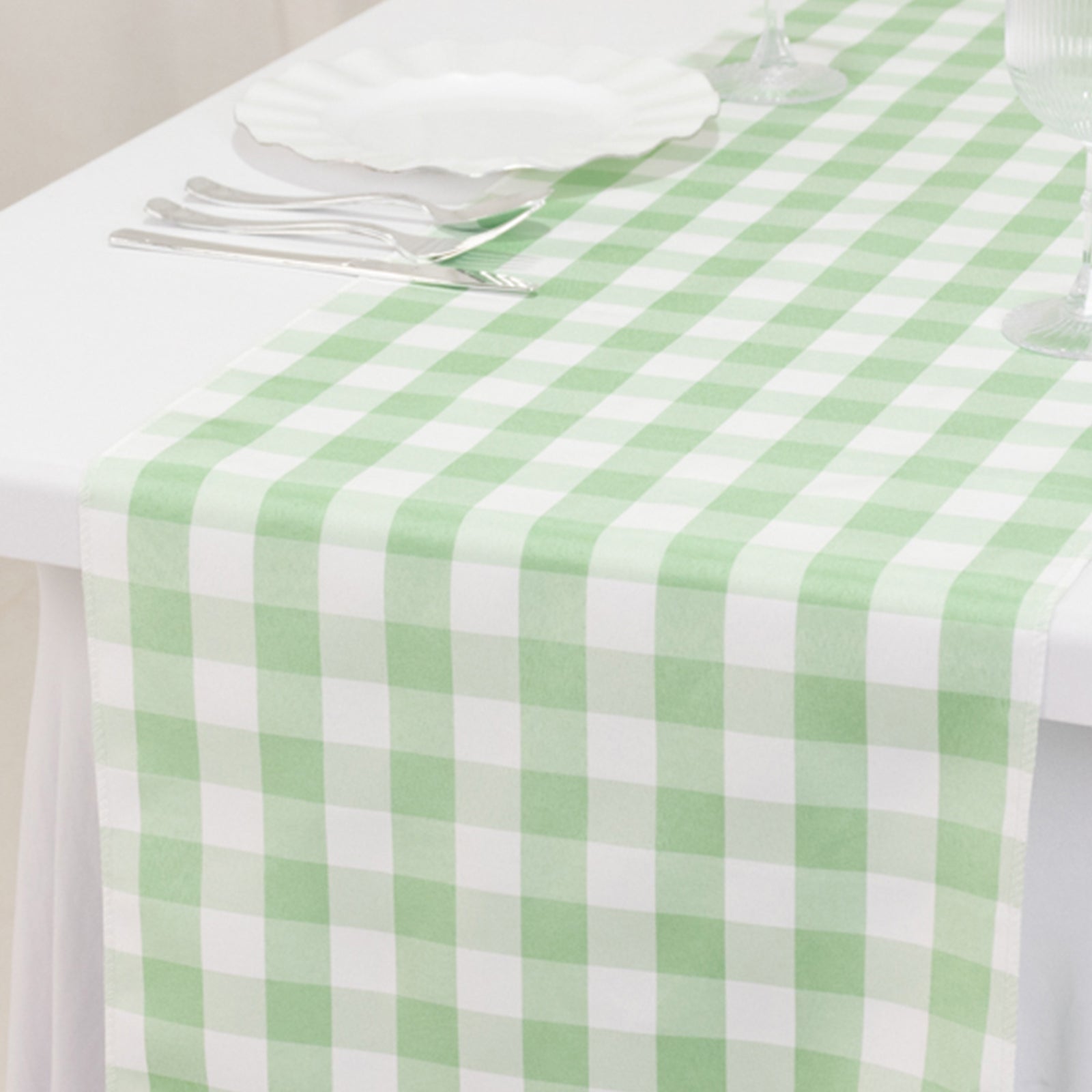 Hot Sale! 14x108 Polyester Table Runner in Sage Green and White Gingham Plaid Design