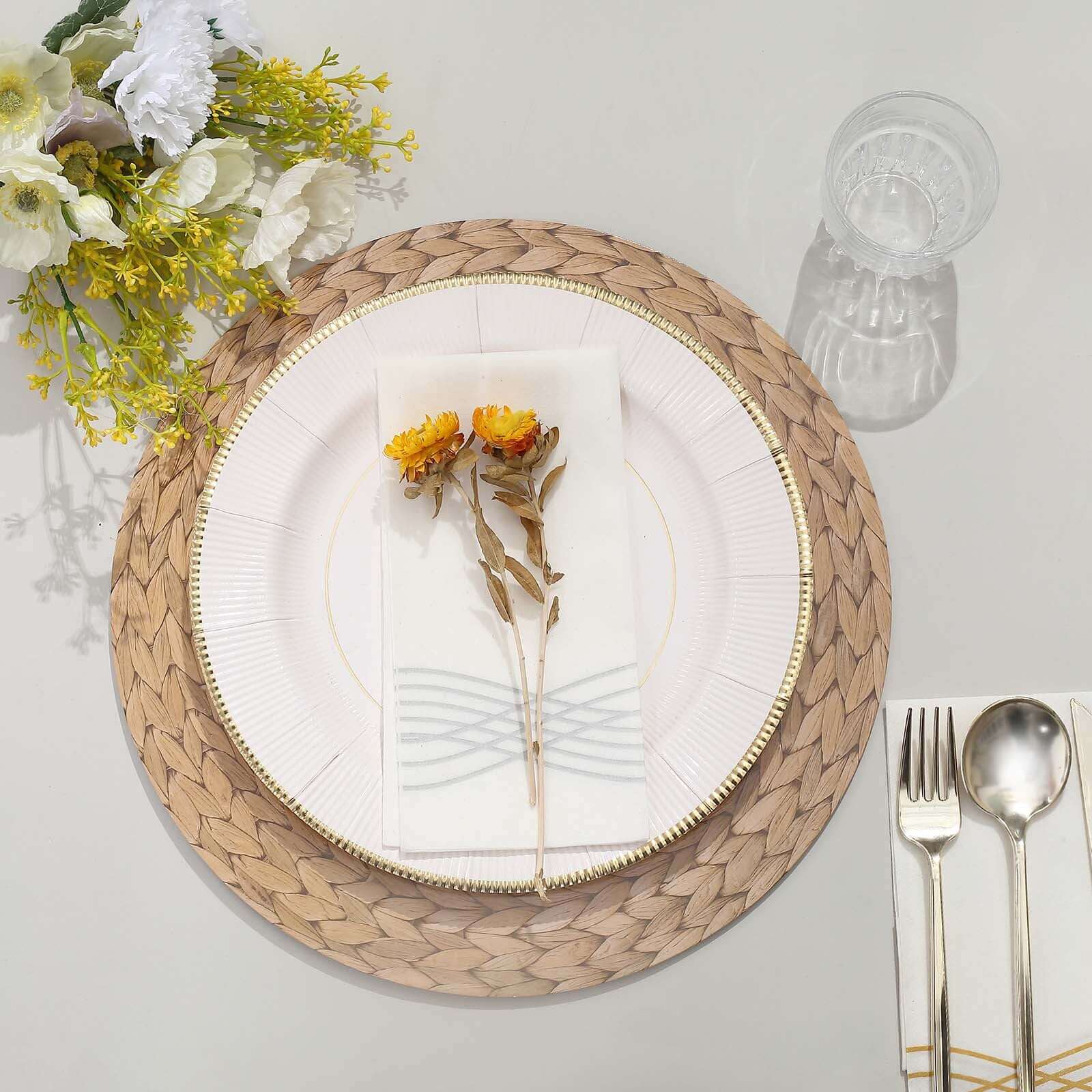 Amazing 6-Pack Disposable Round Cardboard Table Placemats with Woven Rattan Print, 13" Diameter for Rustic Events