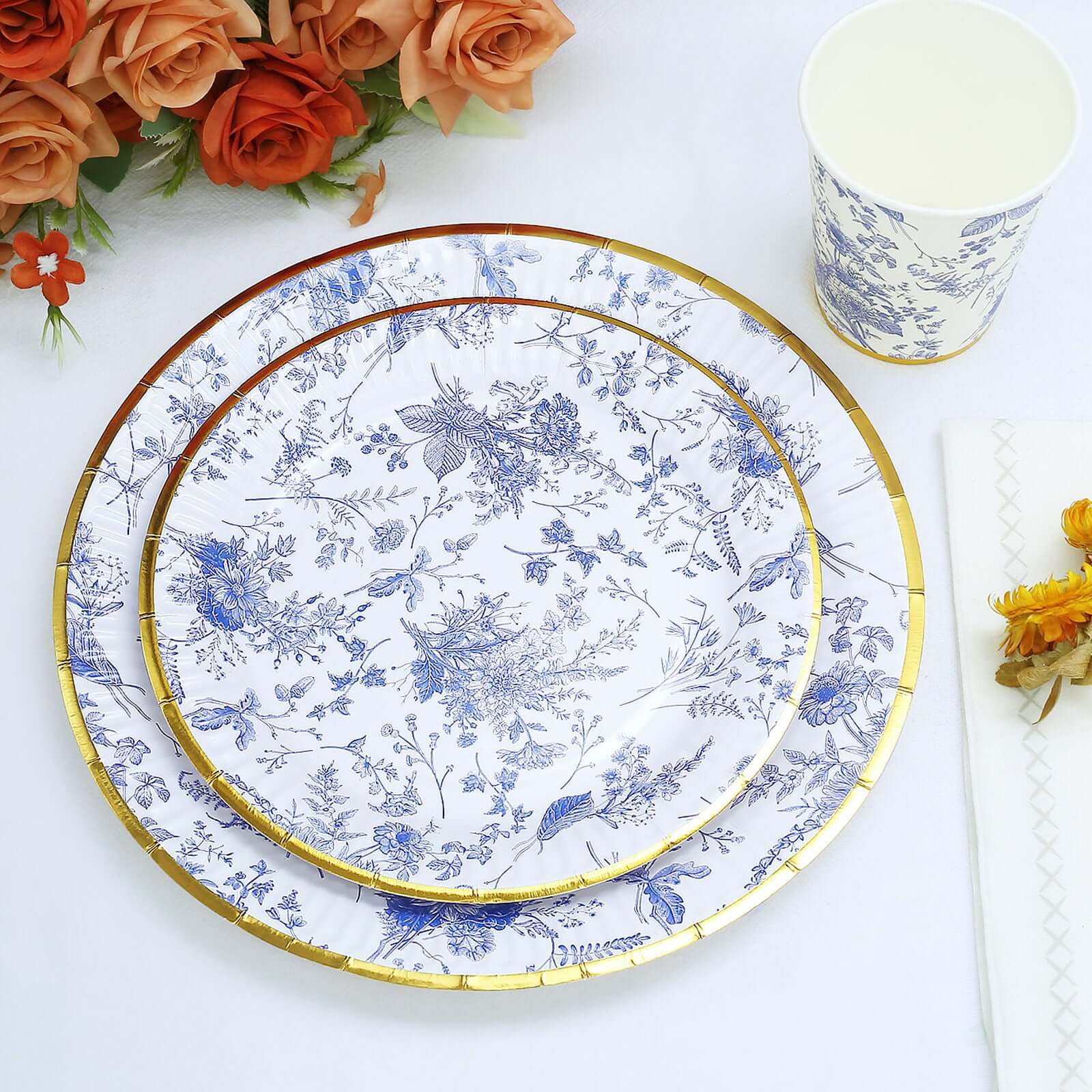 Hot Deal! 25-Pack Disposable 7-Inch Round White Dessert Plates with Light Blue French Toile & Gold Rim