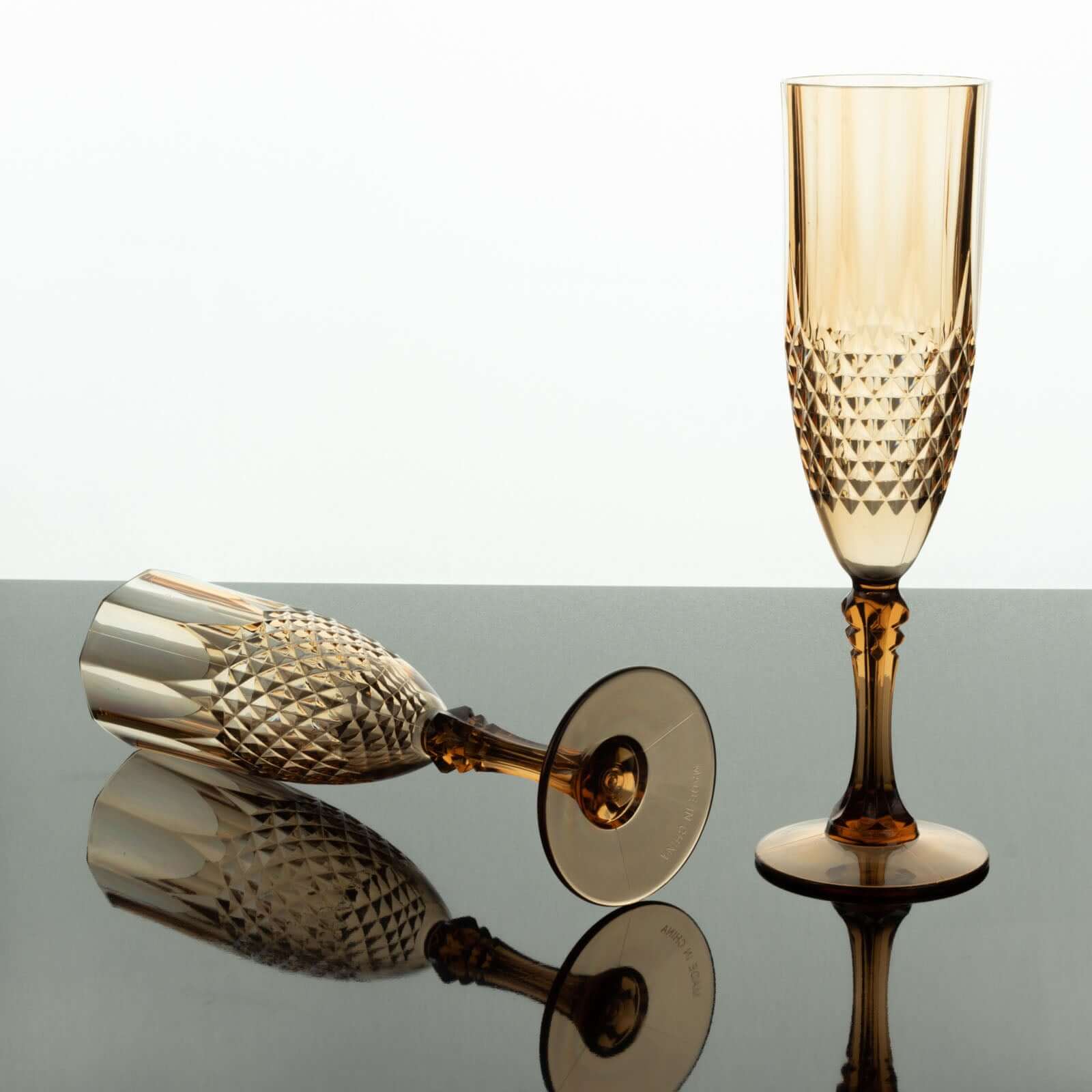 6-Piece Set of Reusable 8oz Amber Gold Plastic Champagne Toast Flutes with Crystal Cut Design