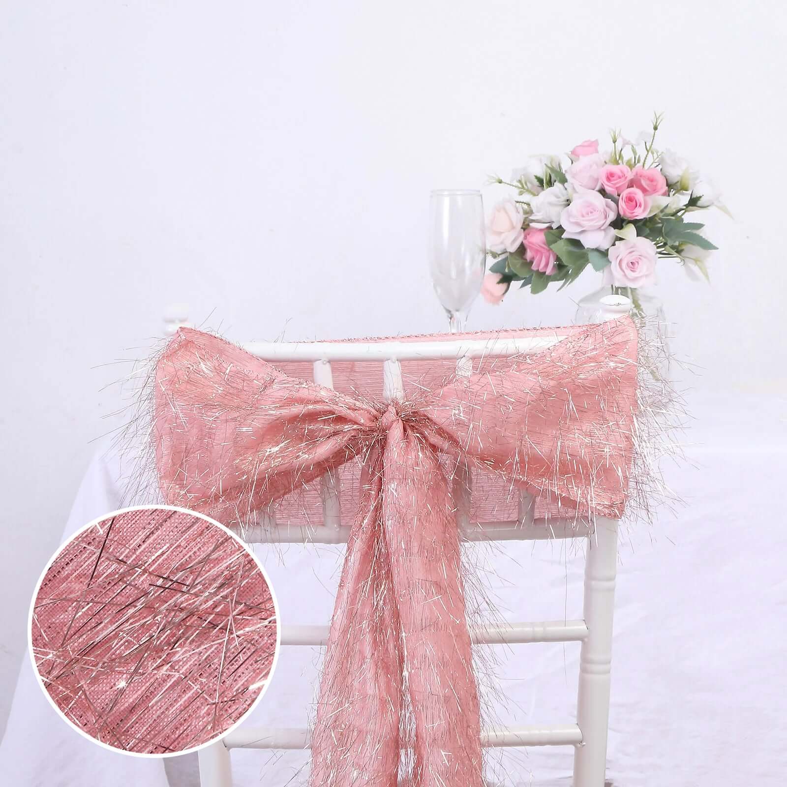 5-Pack Rose Gold Polyester Chair Sashes with Metallic Tinsel Fringe - Easy-to-Use Bows