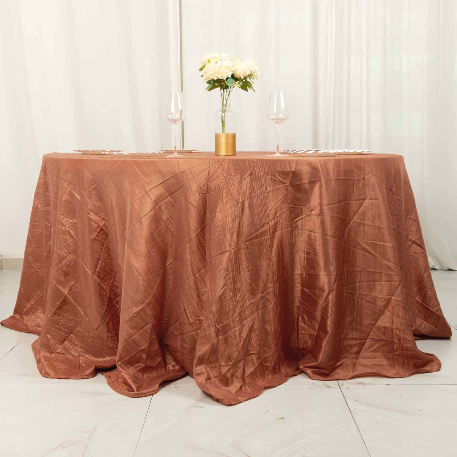 Exclusive Seamless Crinkle Taffeta 132' Round Tablecloth in Terracotta (Rust)