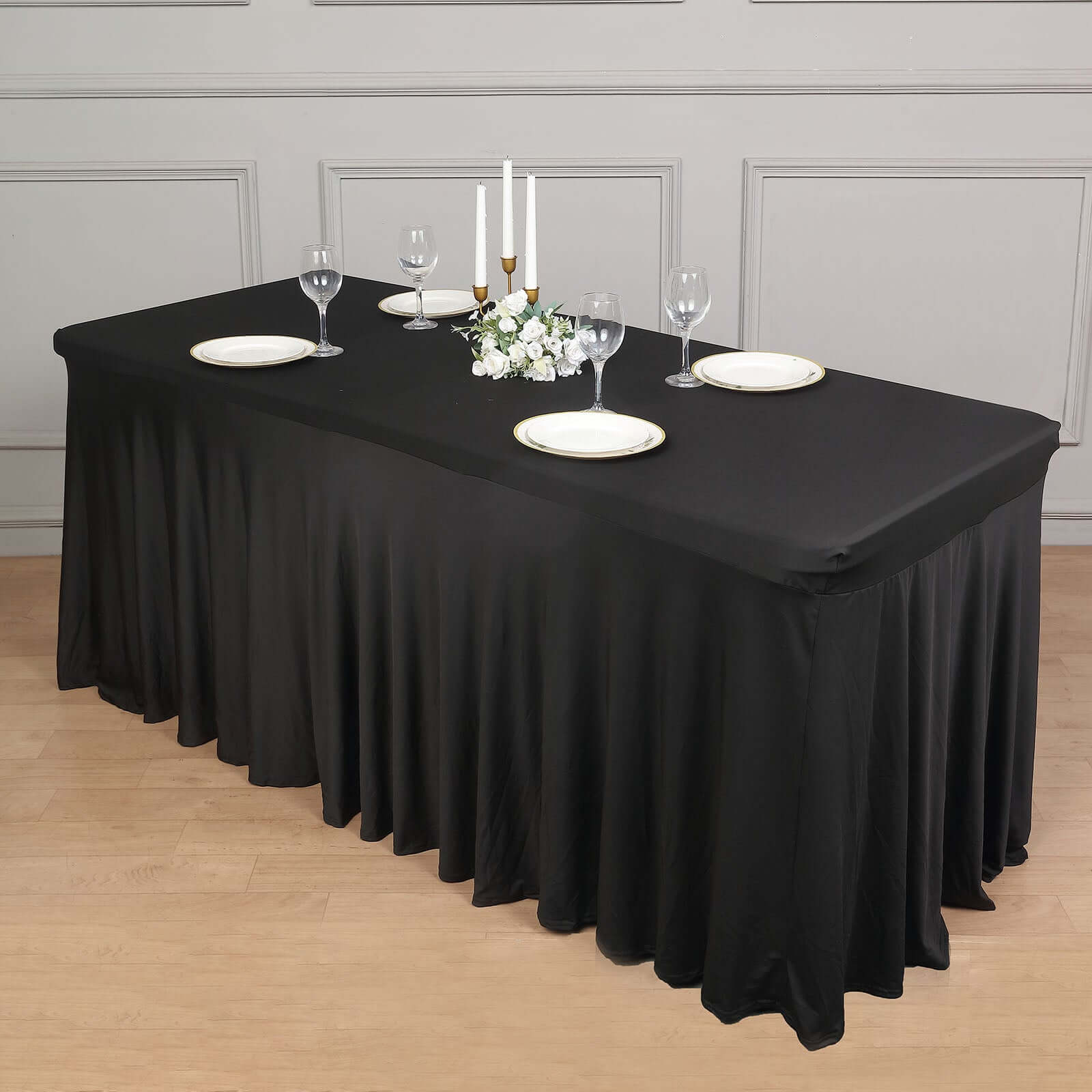 Hot! Black Spandex 72x30 Rectangle Table Skirt with Wavy Effect