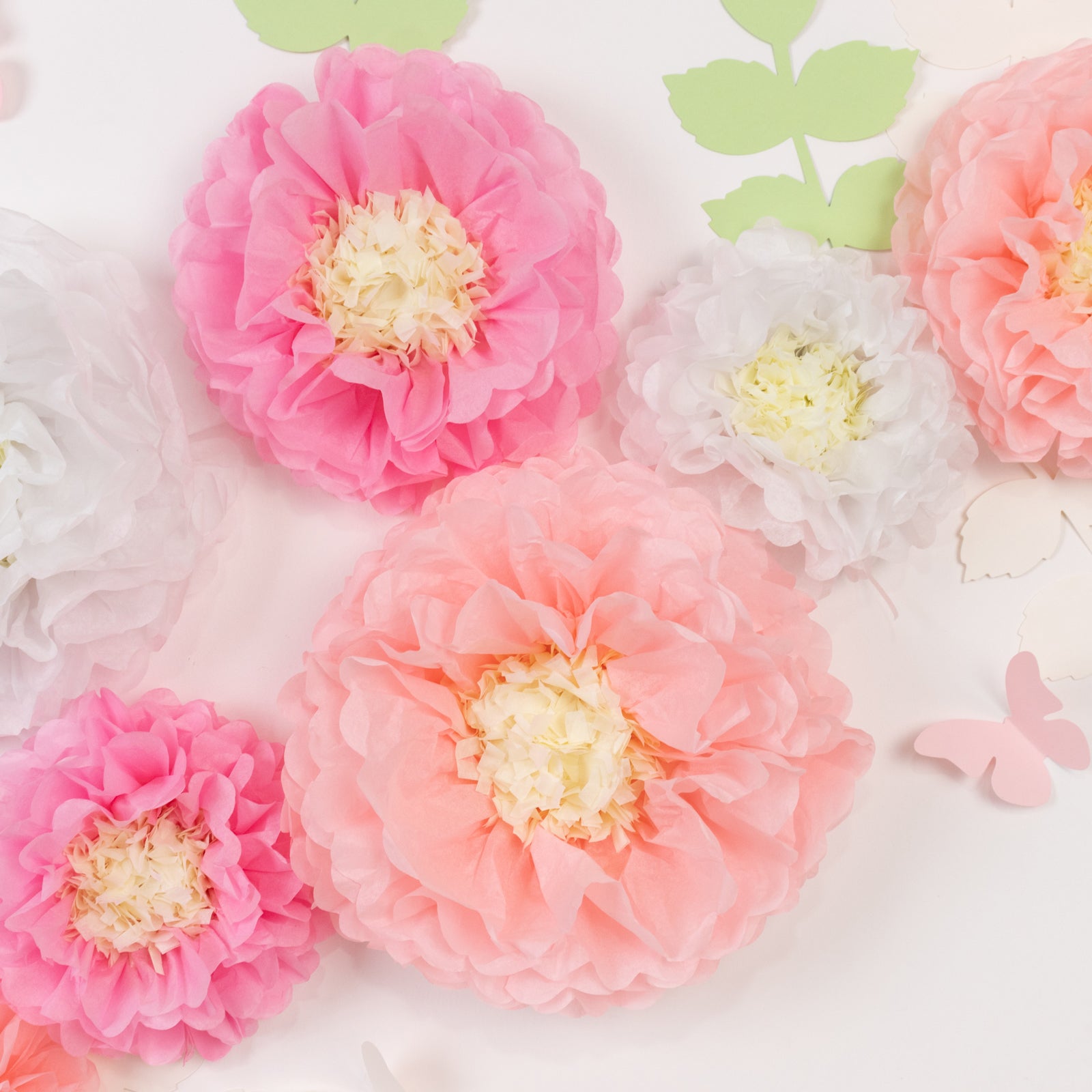 Hot! Set of 21 Tissue Paper Chrysanthemum Pom Poms Decor Kit - White & Pink with Butterflies & Olive Leaves