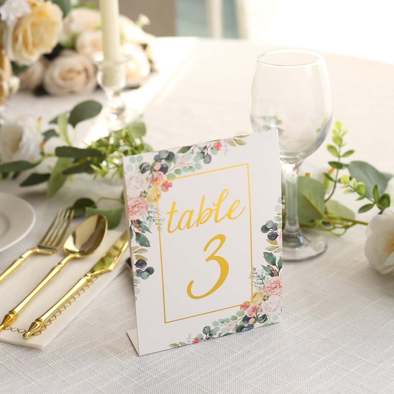 Get 25-Pack Free-Standing Double-Sided Wedding Table Numbers 1-25 with White Peony & Gold Foil Design