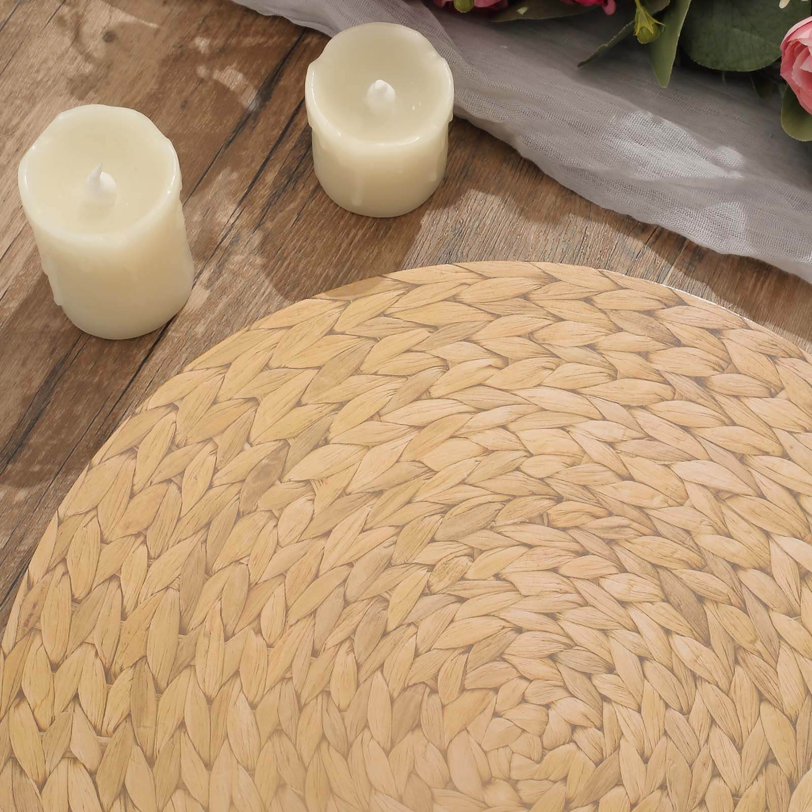 Amazing 6-Pack Disposable Round Cardboard Table Placemats with Woven Rattan Print, 13" Diameter for Rustic Events
