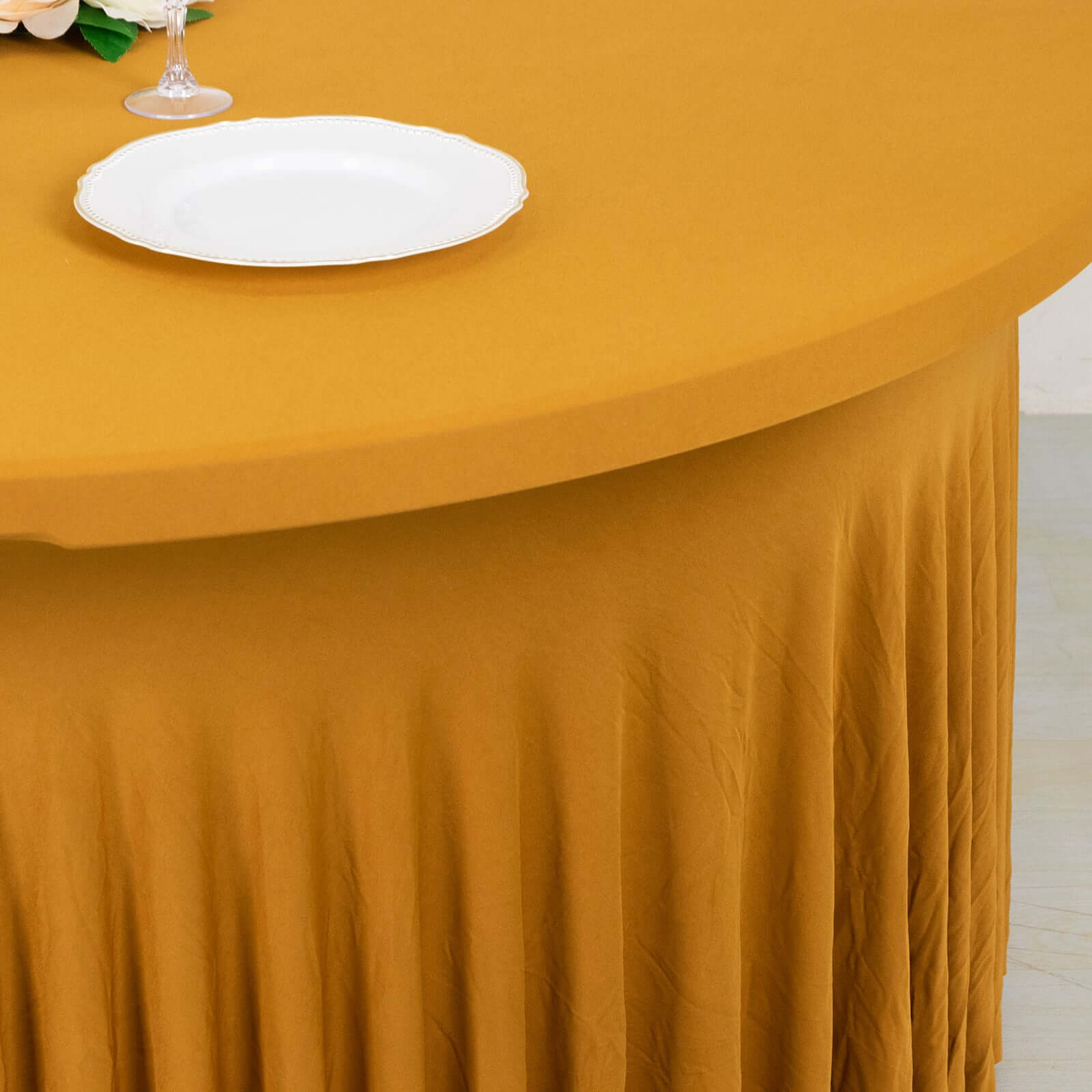 6ft Gold Spandex Round Table Skirt with Wavy Design for Weddings & Events