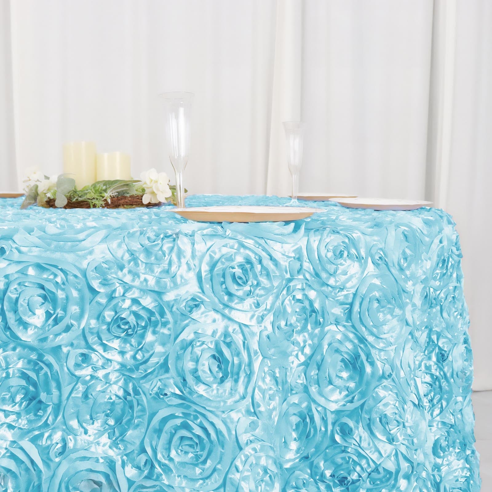 Light Blue 120-Inch Round Satin Tablecloth with Stunning 3D Rosette and Seamless Finish