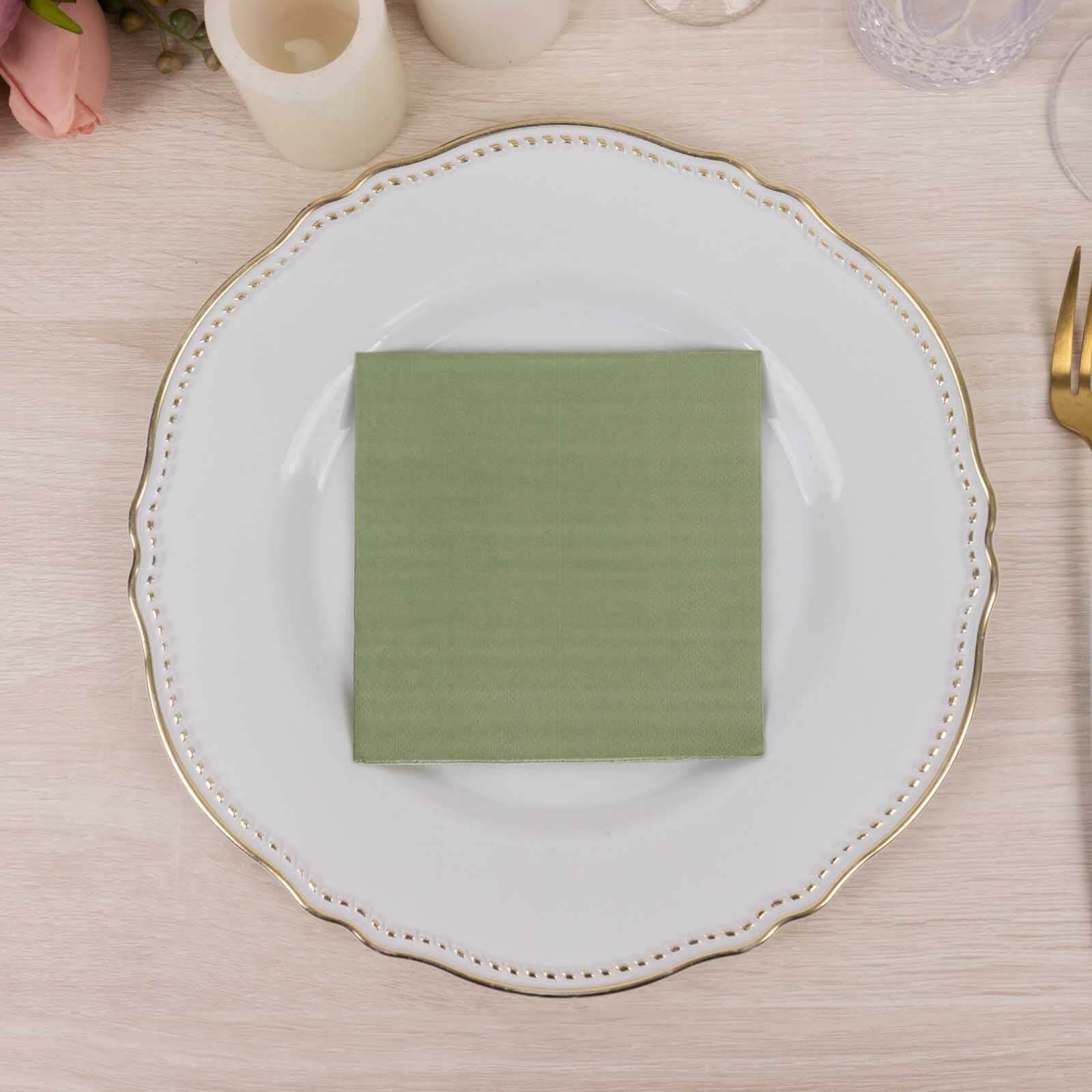 50-Piece Pack of Sage Green 2-Ply Disposable 18GSM Soft Cocktail Paper Beverage Napkins