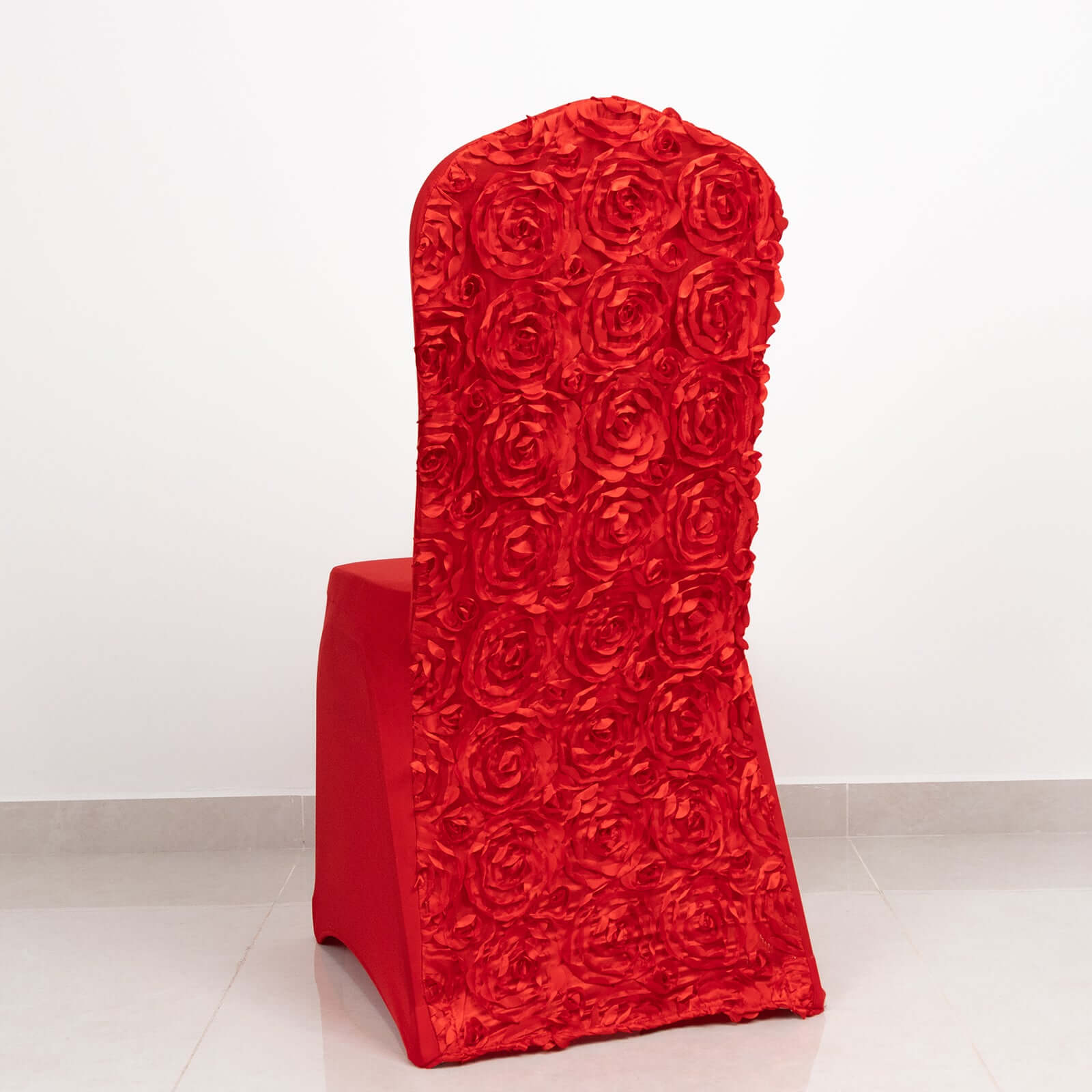 Red Satin Rosette Stretch Slip-On Cover for Banquet Chairs - Great Value!