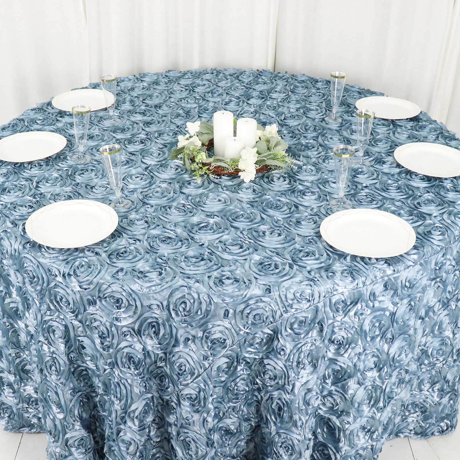 Hot! Dusty Blue 120" Satin Round Tablecloth with 3D Rosette & Seamless Finish
