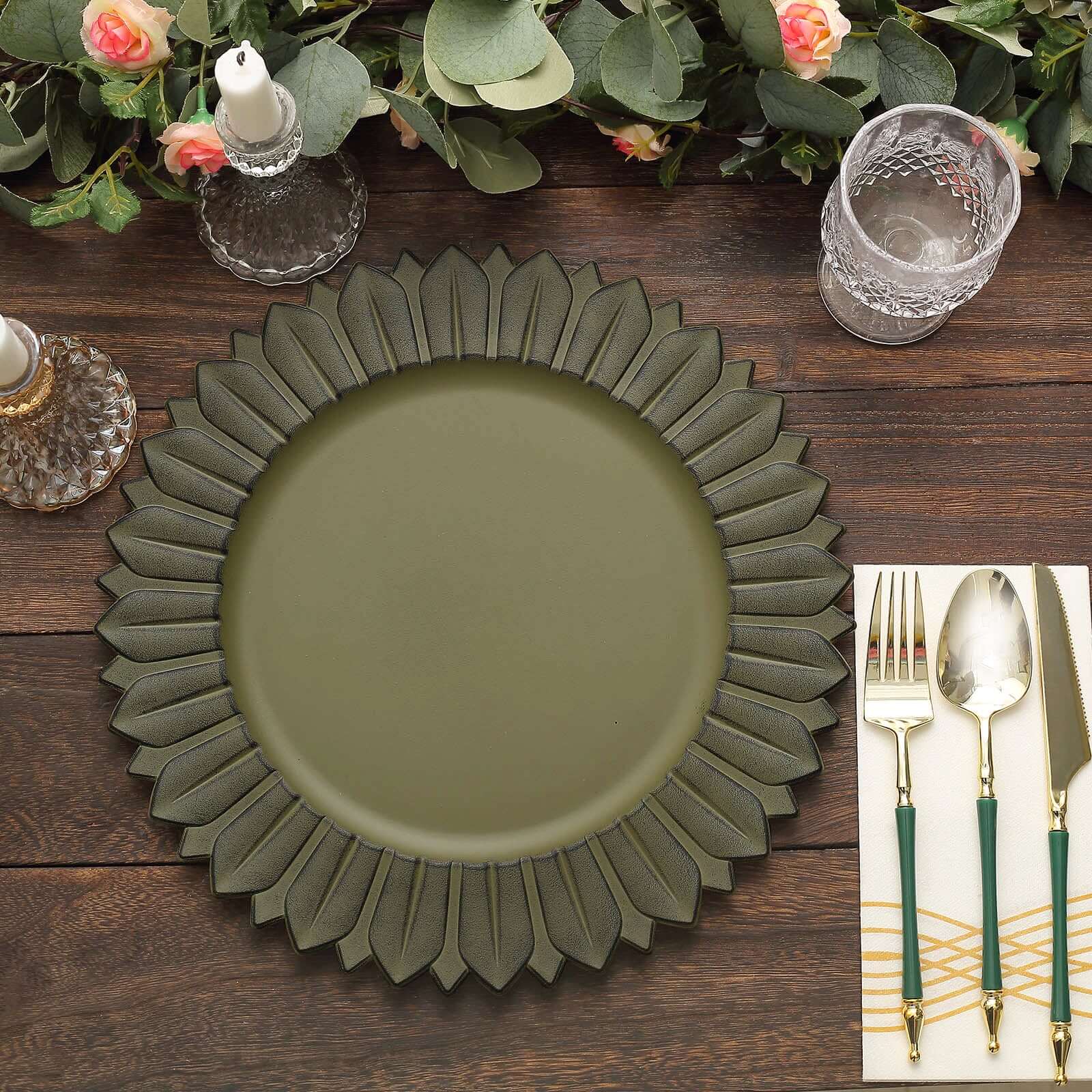 6-Piece Set of 13-Inch Matte Olive Green Plastic Round Charger Plates with Sunflower Rim