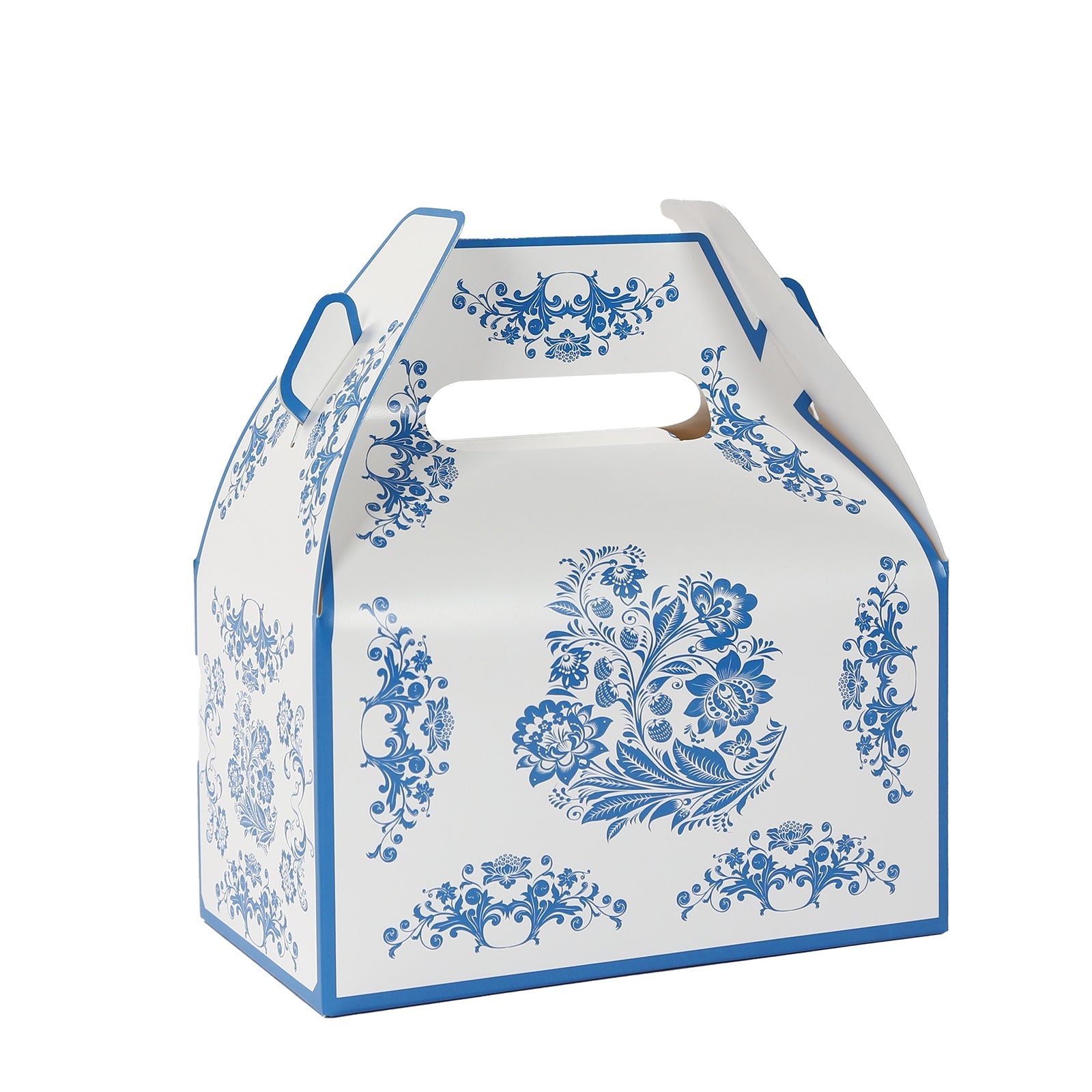 25-Pack White and Royal Blue Floral Damask Tote Gable Party Favor Candy Gift Boxes