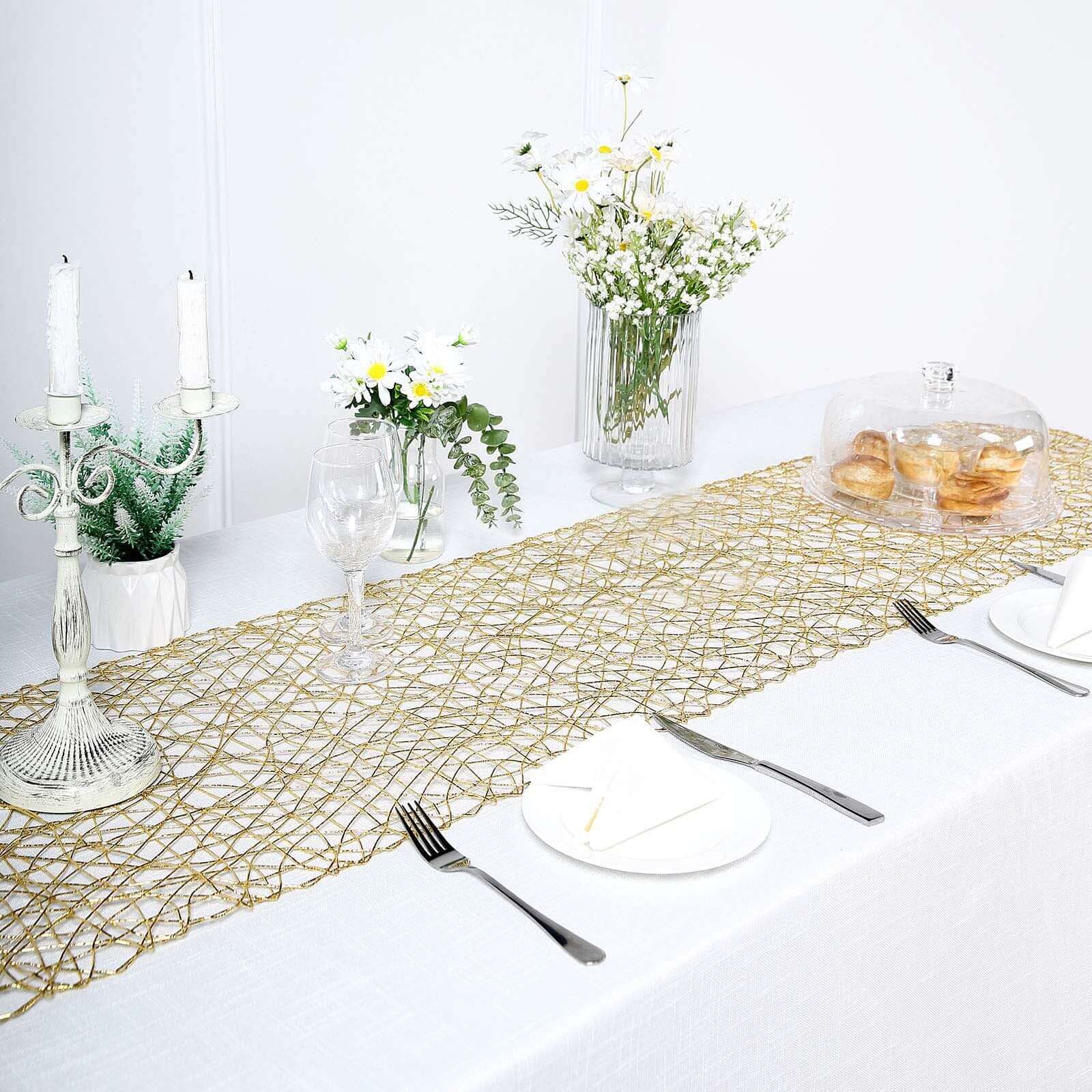 Hot Sale! 16x72 Gold Foil Wrapped Metallic String Woven Table Runner for Decor