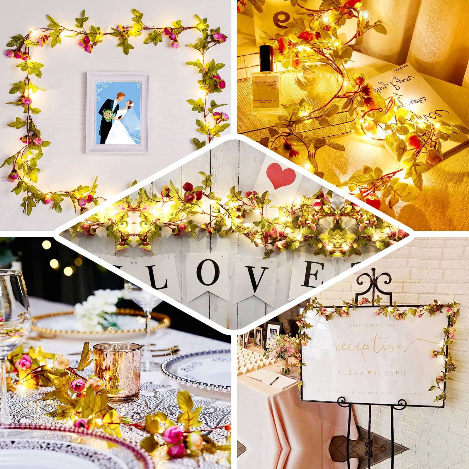 Hot Deal! 7ft 20 LED Warm White Silk Rose Flower Garland, Battery Operated
