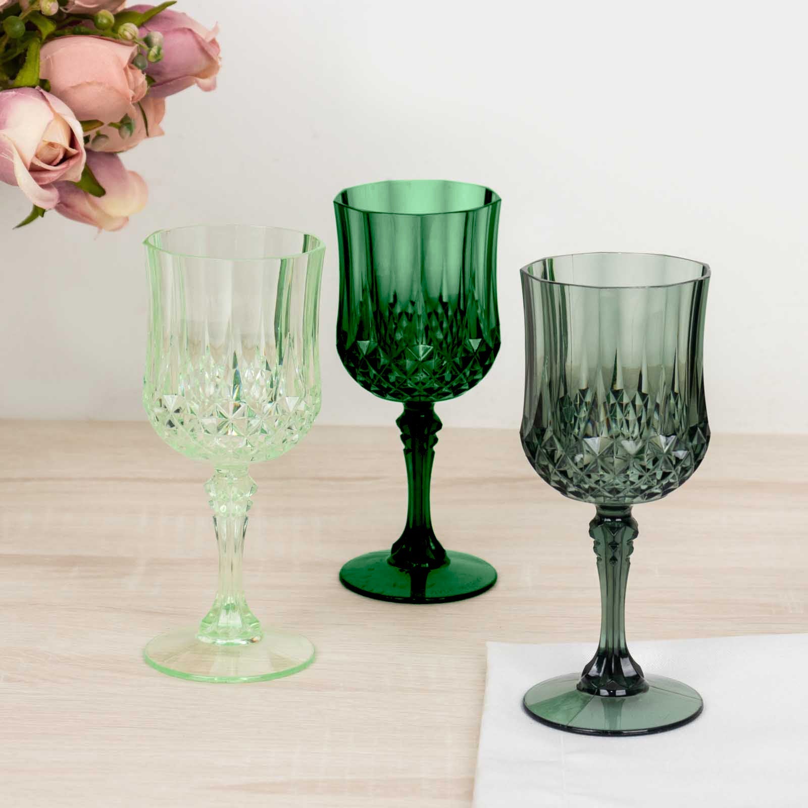 Hot Deal! 12-Pack 8oz Shatterproof Plastic Cocktail Goblets in Assorted Green Crystal Cut Design