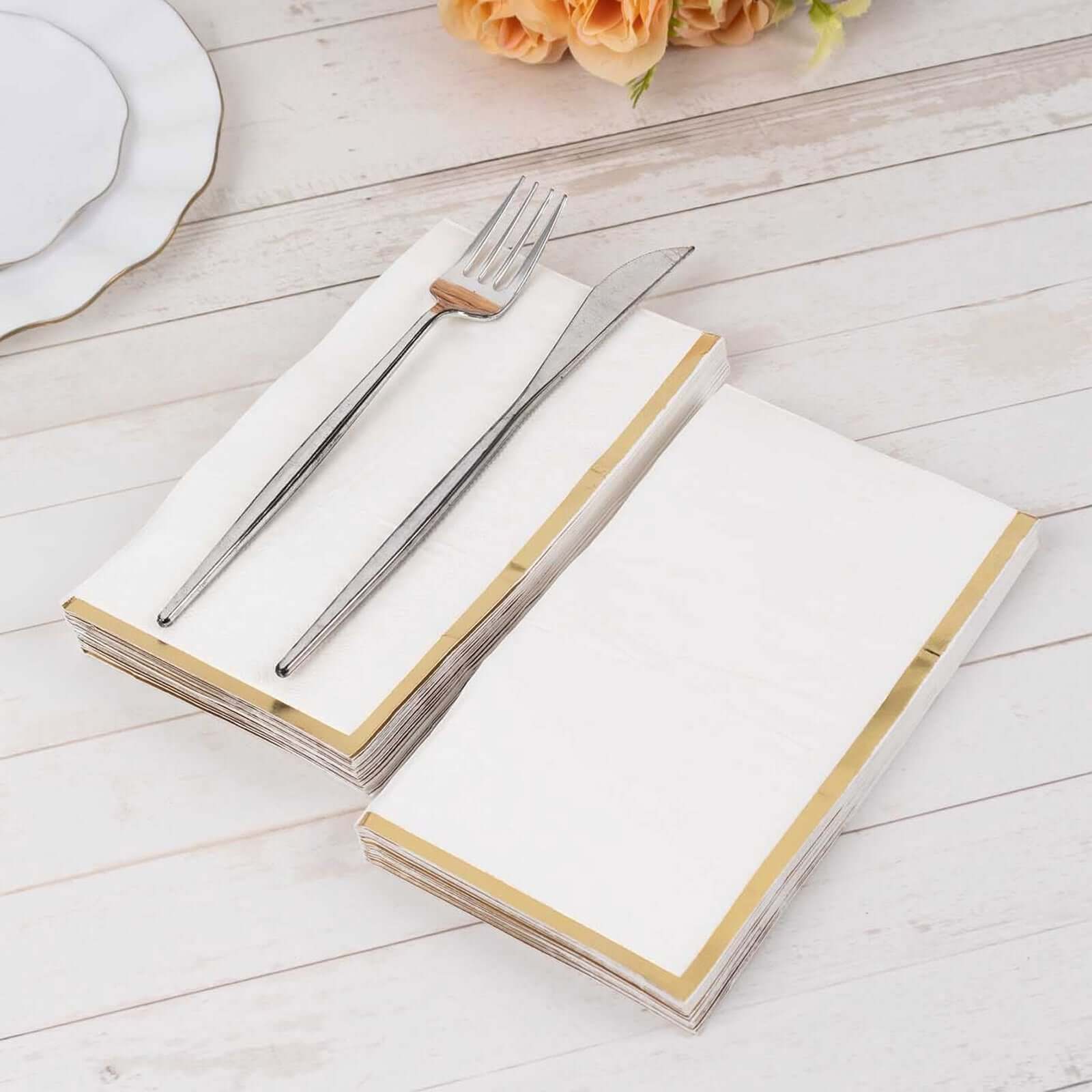 50-Pack Premium 2-Ply White Paper Dinner Napkins with Gold Foil Edge - Ideal Disposable Napkins for Parties