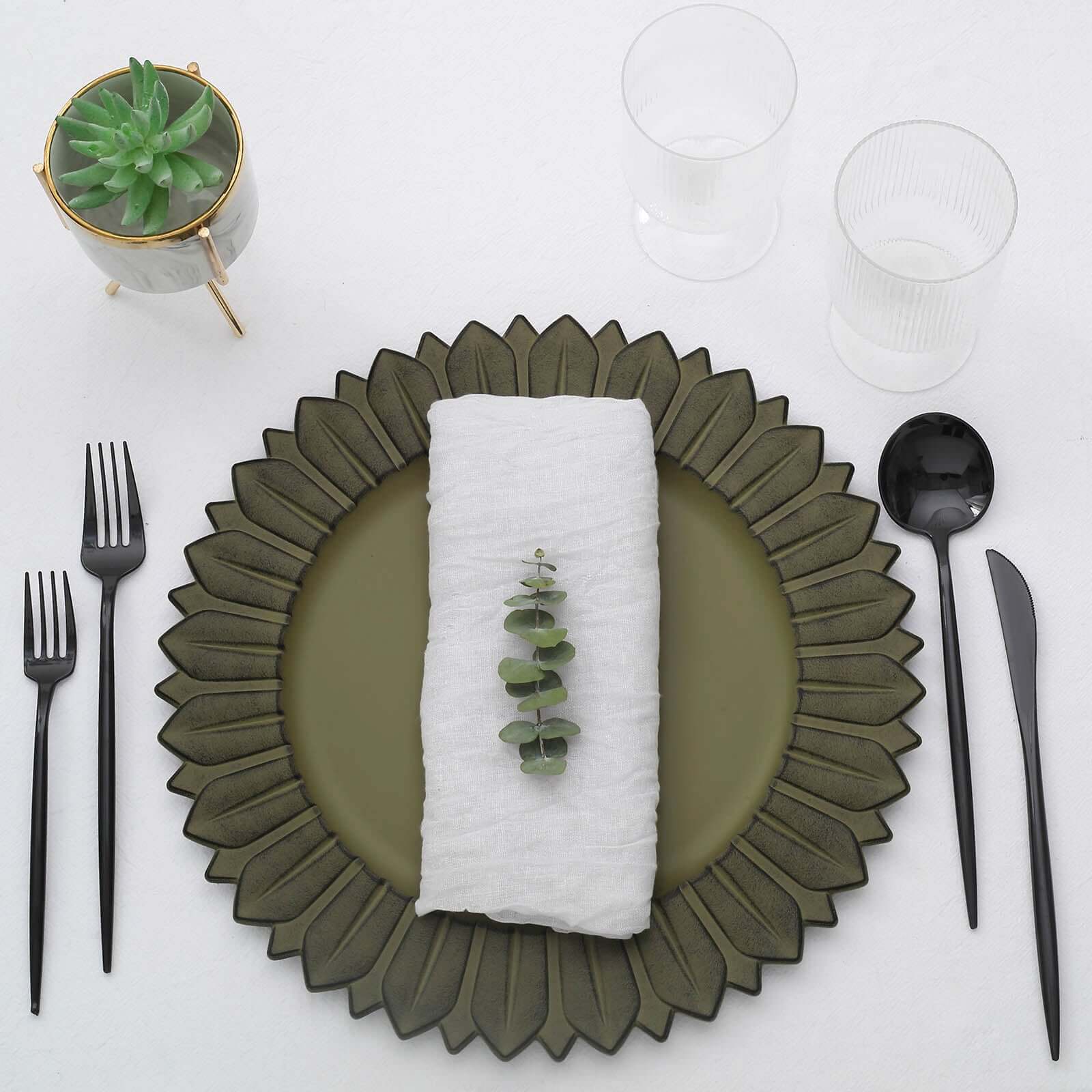 6-Piece Set of 13-Inch Matte Olive Green Plastic Round Charger Plates with Sunflower Rim