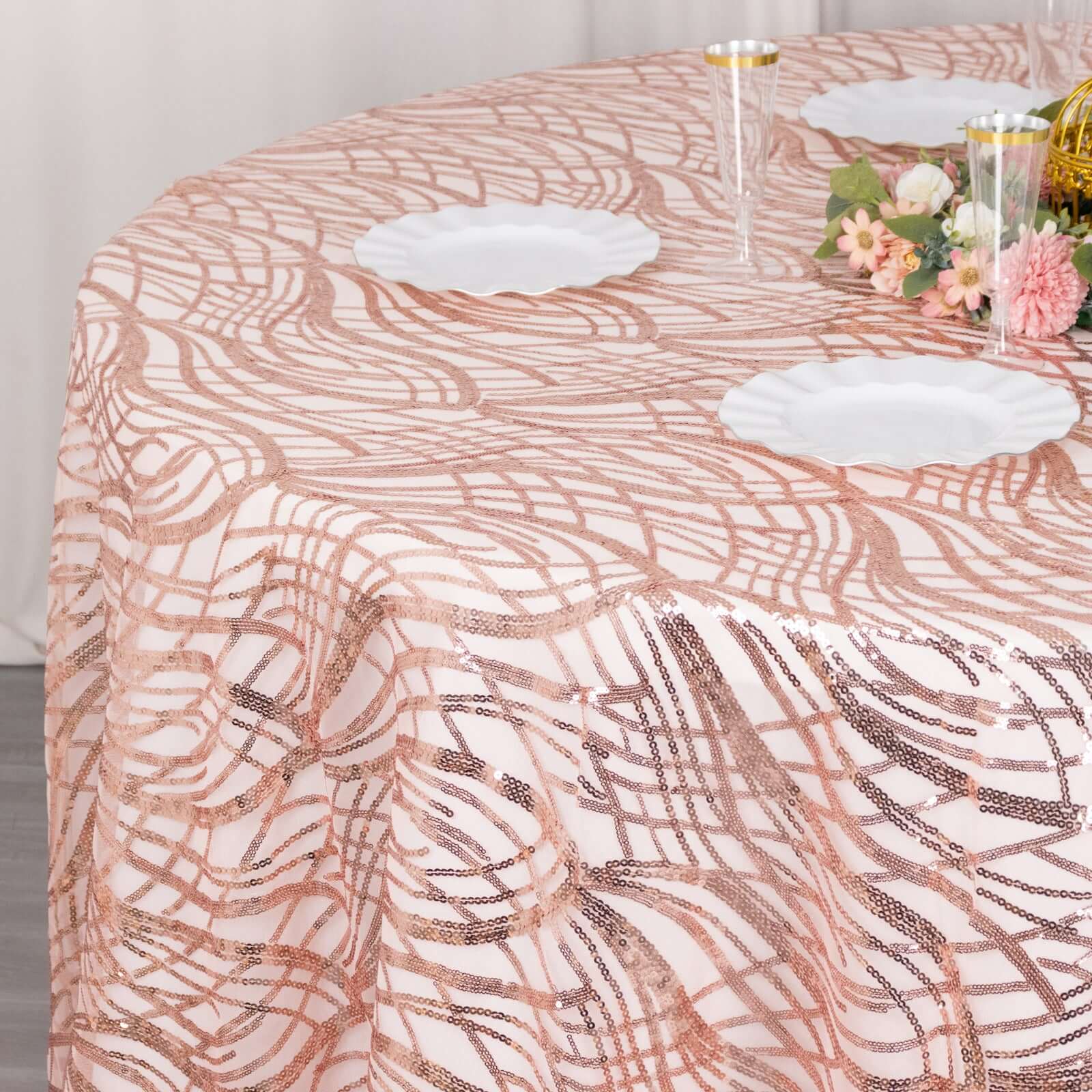 Sparkling Rose Gold Sequin Mesh 120' Round Tablecloth - Ideal for Events