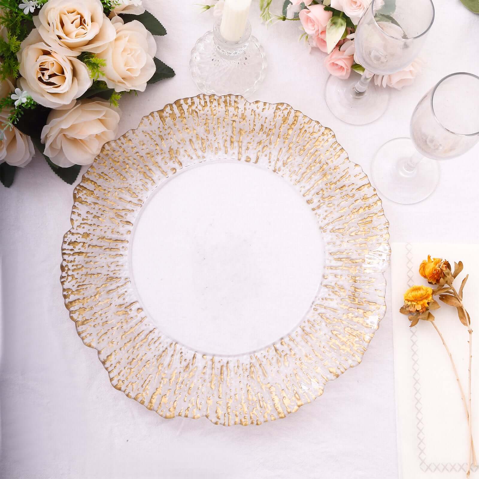 Hot Sale! 6-Pack 12-Inch Clear Plastic Round Charger Plates with Gold Brushed Scalloped Reef Rim for Party Serving