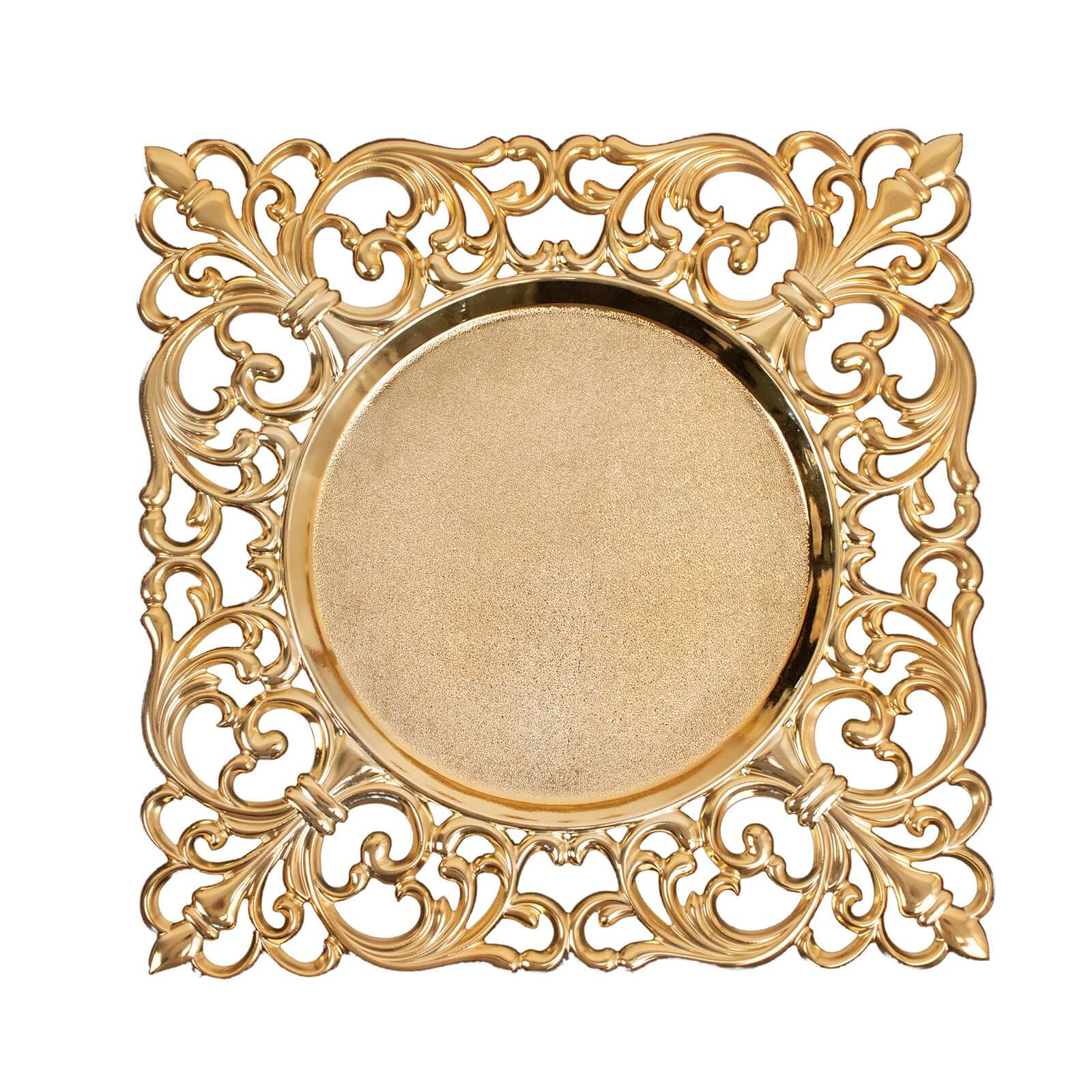 Hot Sale! 6-Piece Set of 12-Inch Gold Acrylic Square Charger Plates with Hollow Lace Border for Event Decor