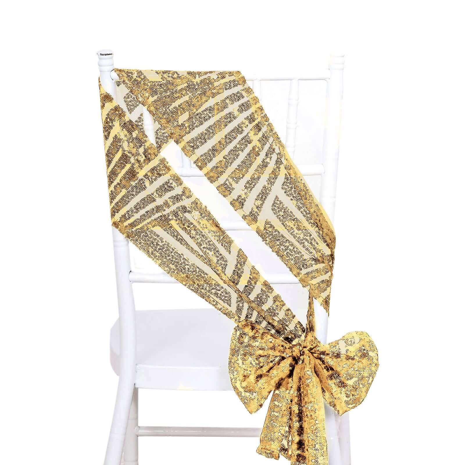 Hot Deal! 5-Pack Gold Glitter Sequin Chair Sashes with Geometric Diamond Design for Weddings