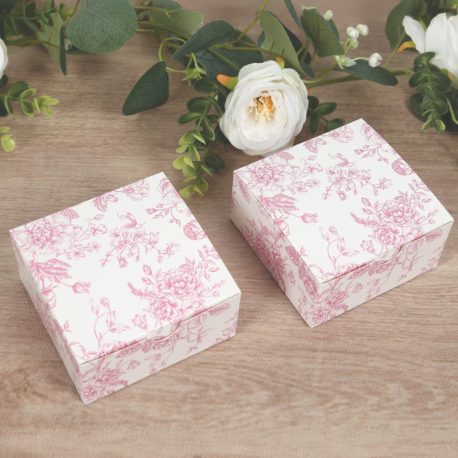 Get 25-Pack Matte Pink & White French Toile Pattern Cardstock Party Favor Candy Gift Boxes (4x4x2)