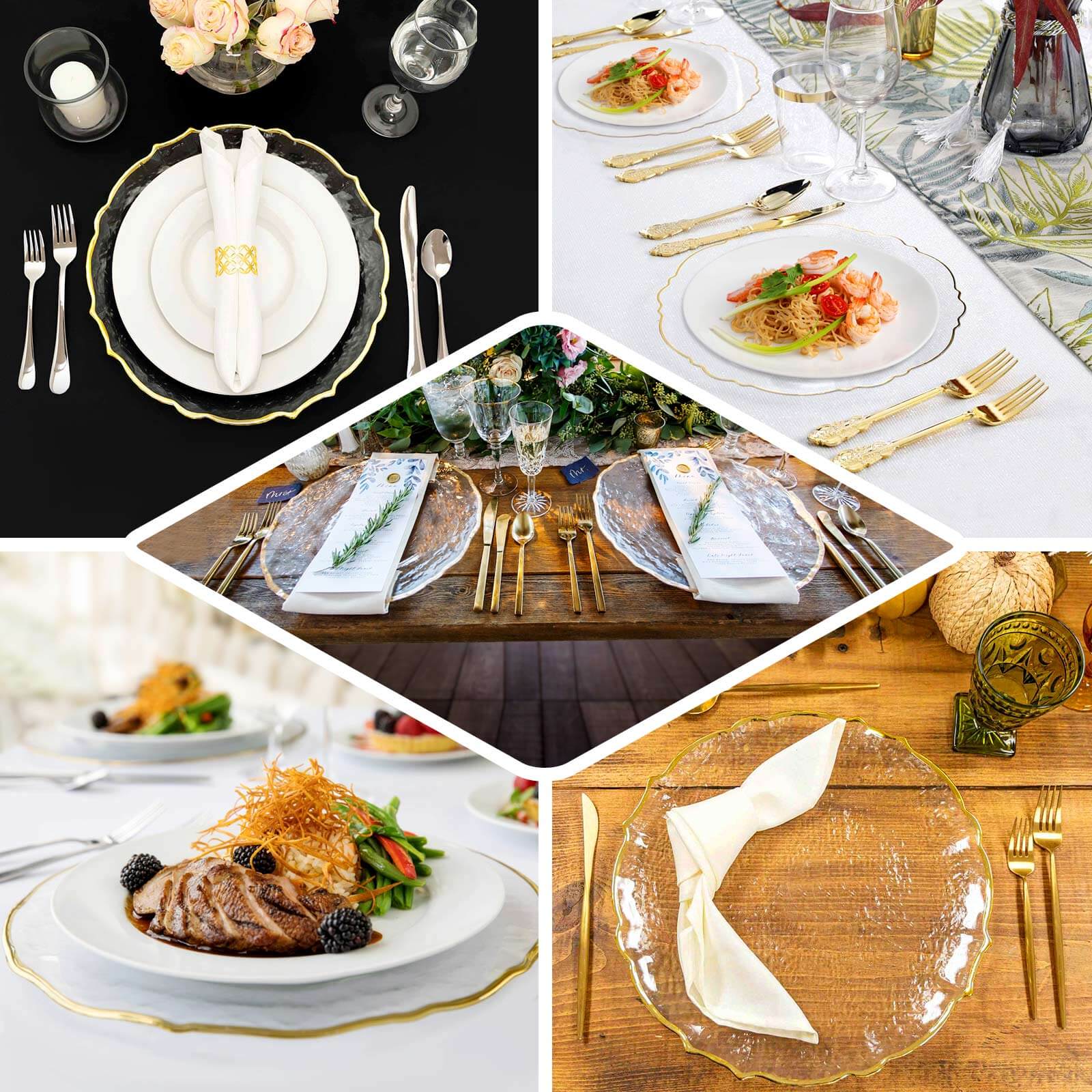 8-Piece Set of 13-Inch Clear Glass Charger Plates with Gold Sunflower Scalloped Edges