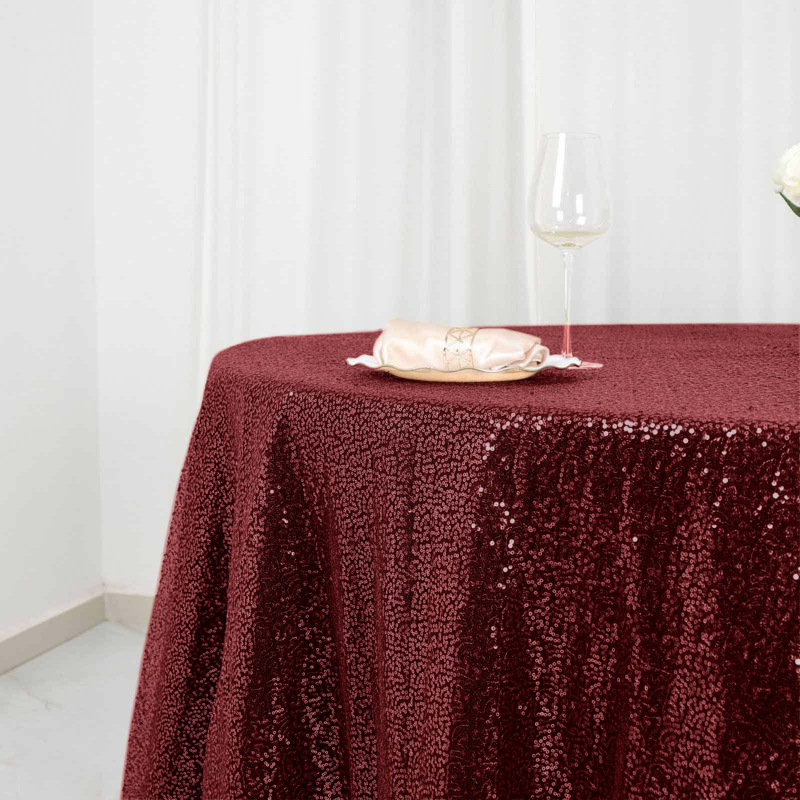 Hot Deal! Burgundy Seamless Glittering Sequin 120-Inch Round Tablecloth for Events