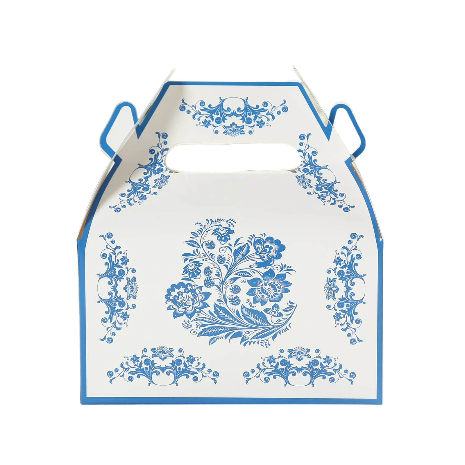 25-Pack White and Royal Blue Floral Damask Tote Gable Party Favor Candy Gift Boxes