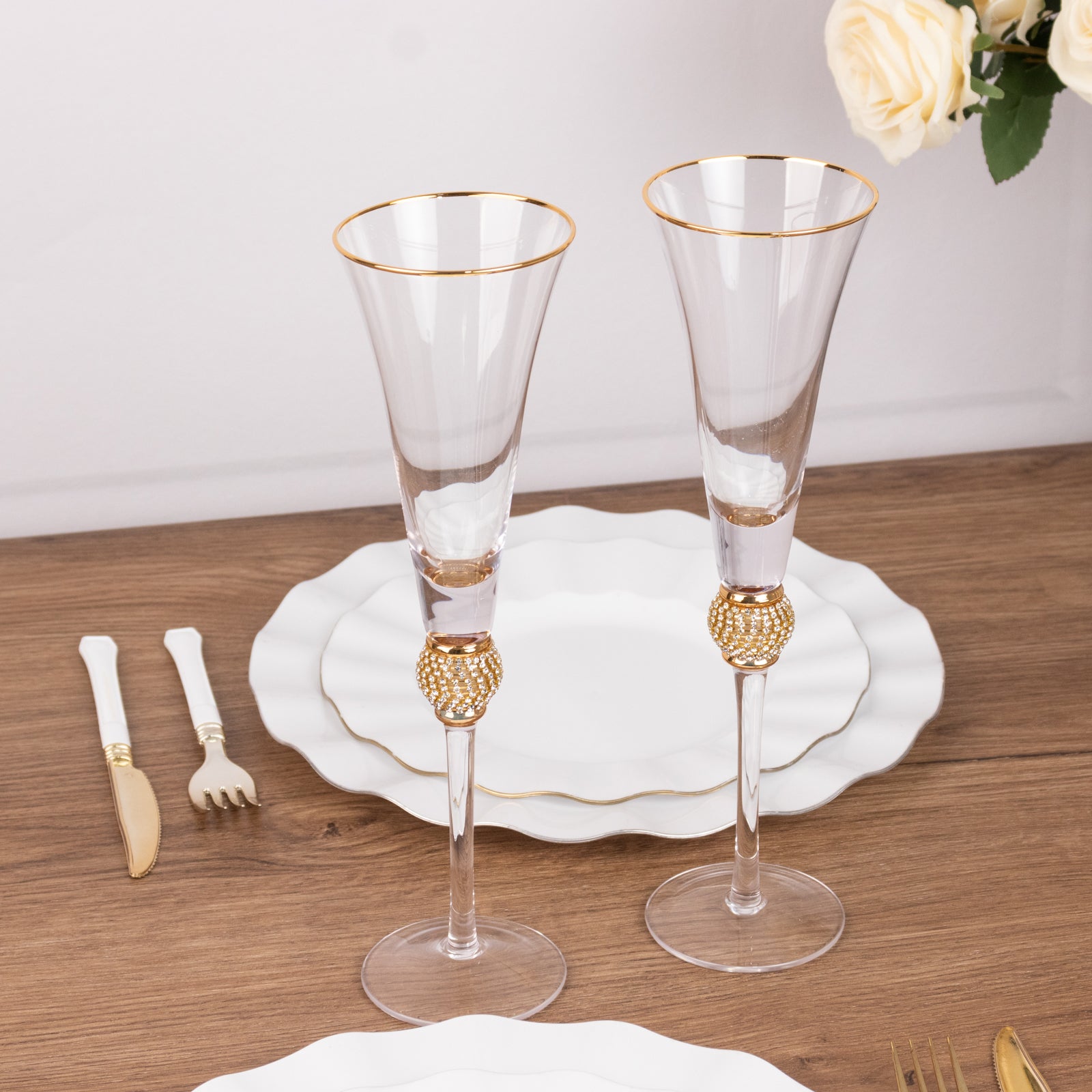 Hot Deal! 6-Pack Clear Champagne Flute Glasses with Gold Rim and Studded Rhinestones, 6oz 11"