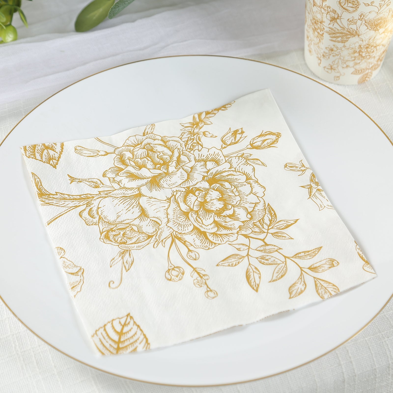 50-Piece Pack of Soft 2-Ply French Toile Floral Patterned Paper Cocktail Napkins in White/Gold - Ideal for Events
