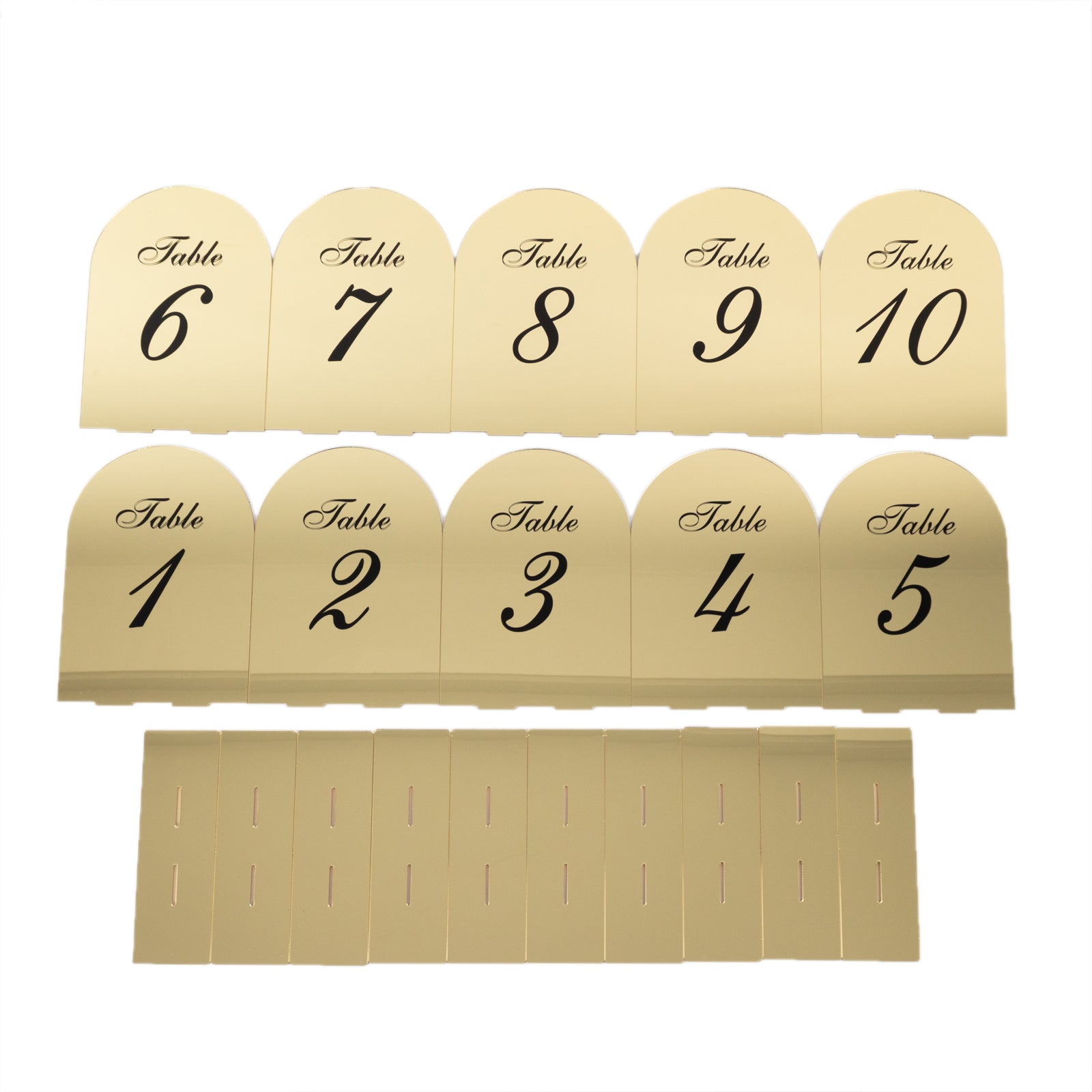Gold Acrylic Arch Mirror Table Numbers (1 - 10) - 6x7 Wedding Reception Signs with Black Print & Stands