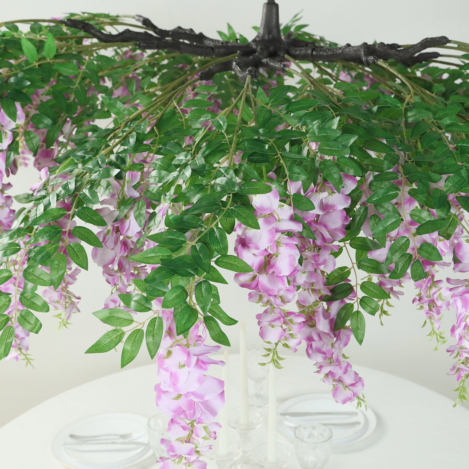 55-Inch Artificial Silk Lavender Lilac Wisteria Vine Round Hanging Floral Chandelier with Detachable Branches