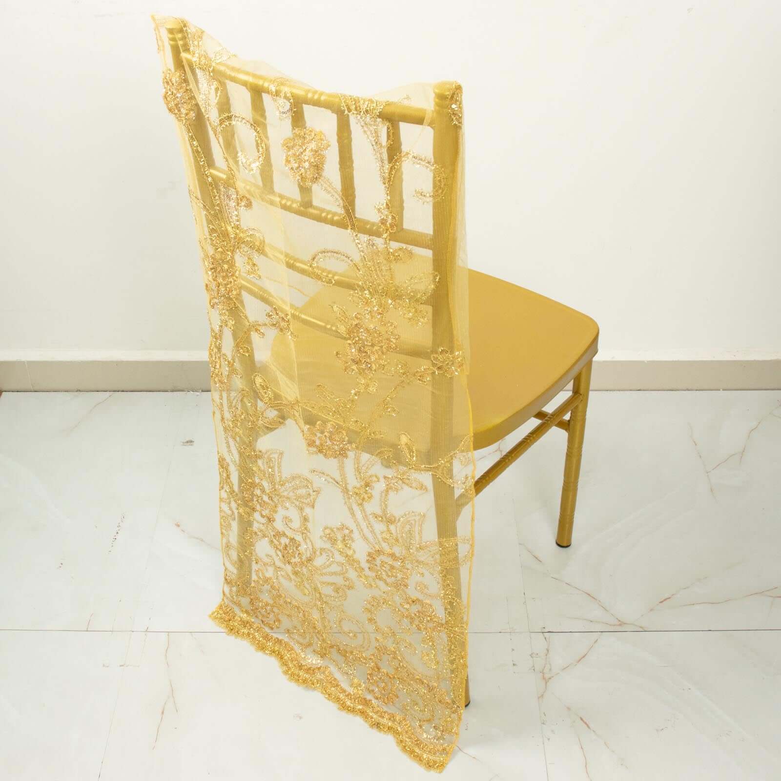 Hot! Gold Floral Sequin Embroidery Organza Chiavari Chair Slipcover