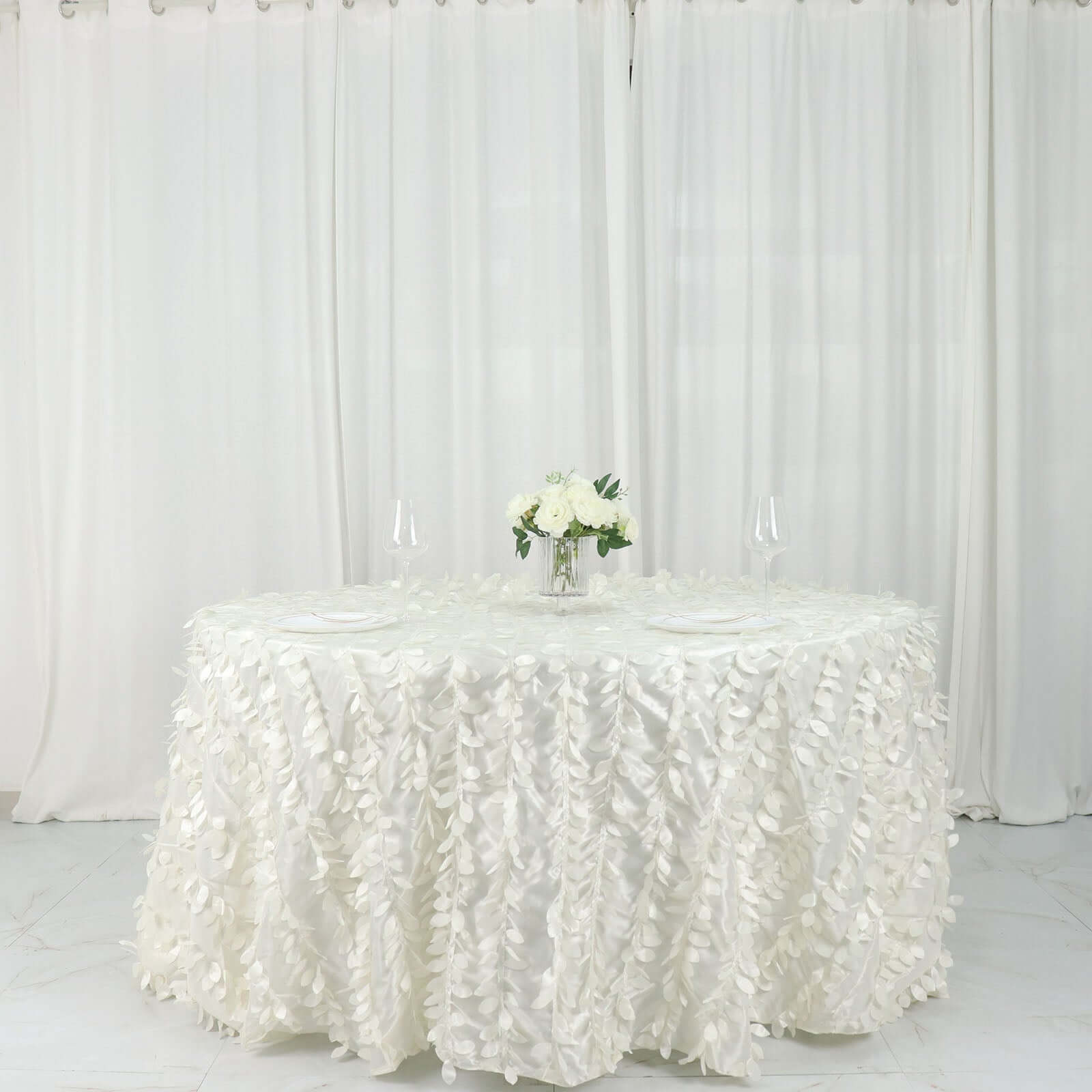 Ivory 132' Taffeta Round Tablecloth with Stunning 3D Leaf Petal Design