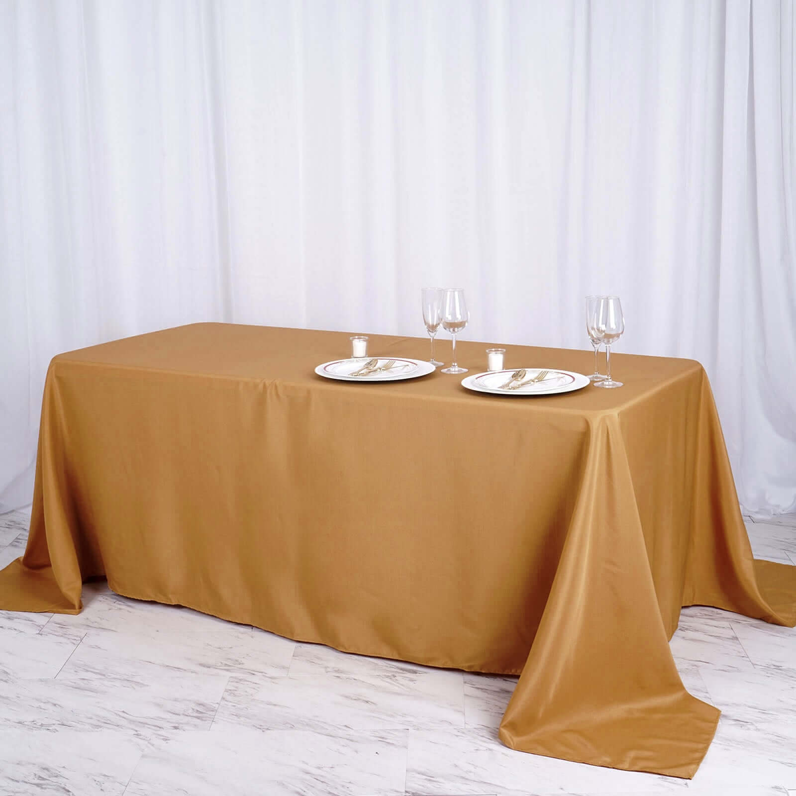 Exclusive Gold Polyester 90x132 Rectangle Tablecloth - Seamless & Wrinkle-Resistant for Luxurious Celebrations