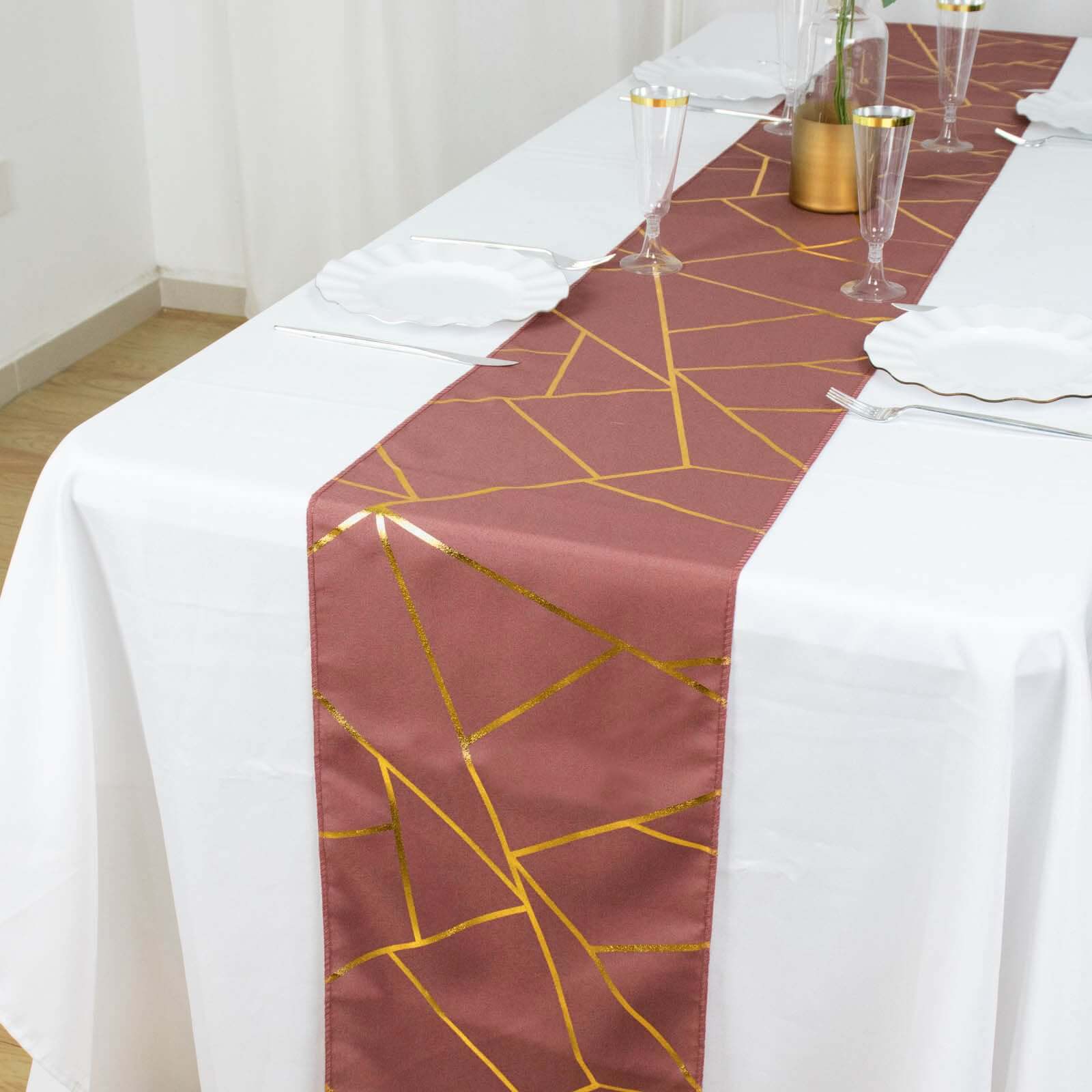 Hot Sale! 9ft Polyester Table Runner in Cinnamon Rose with Gold Foil Geometric Design