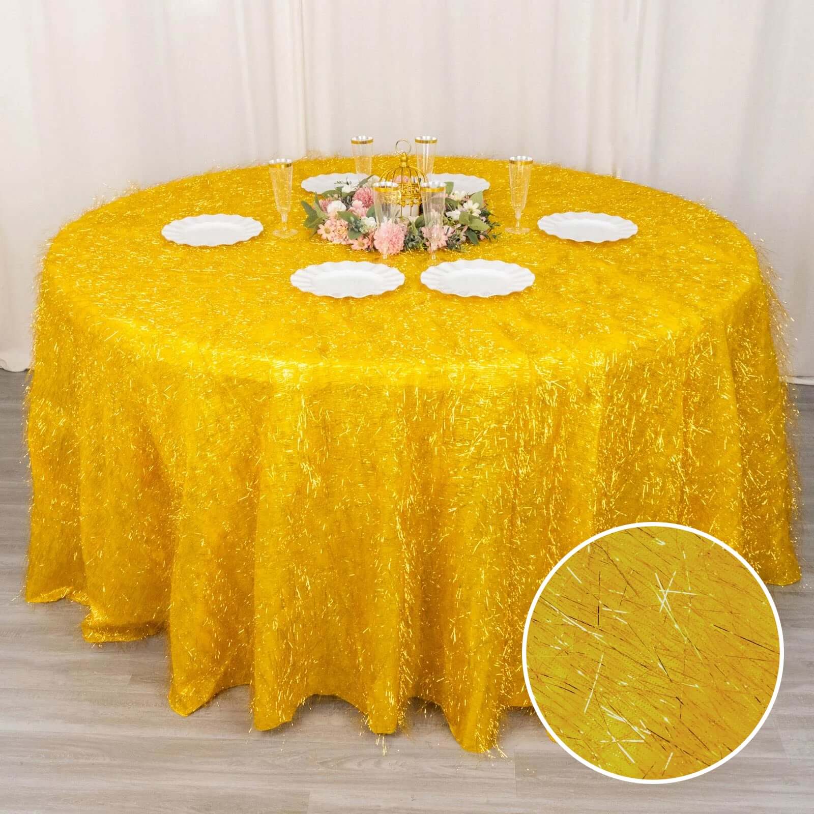 120-Inch Round Gold Polyester Tablecloth with Metallic Fringe for Weddings and Events