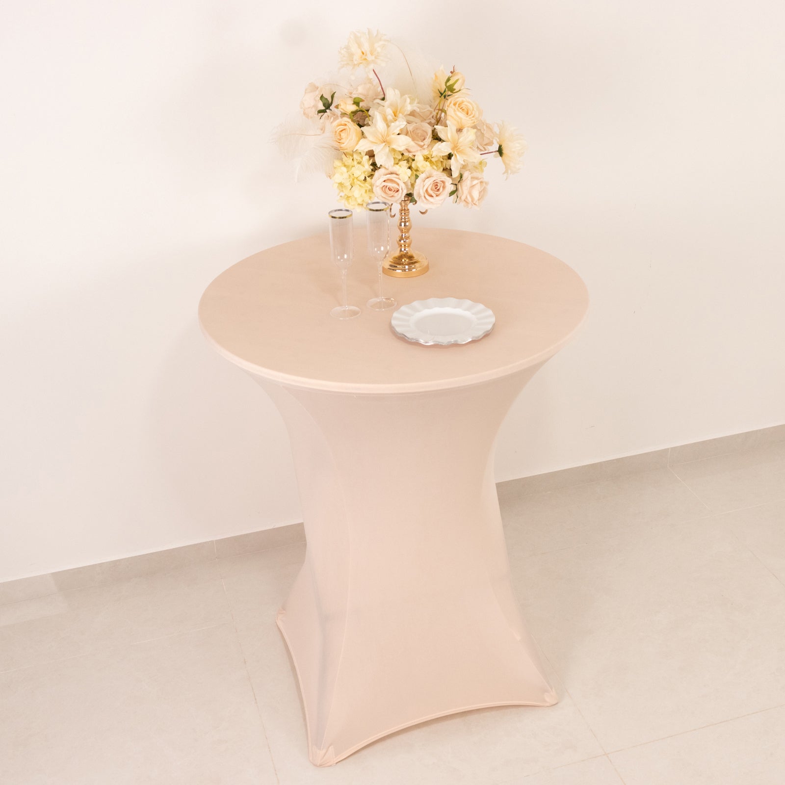 Blush Spandex Stretch Cocktail Table Cover - Easy Maintenance for 33'-36' Tables