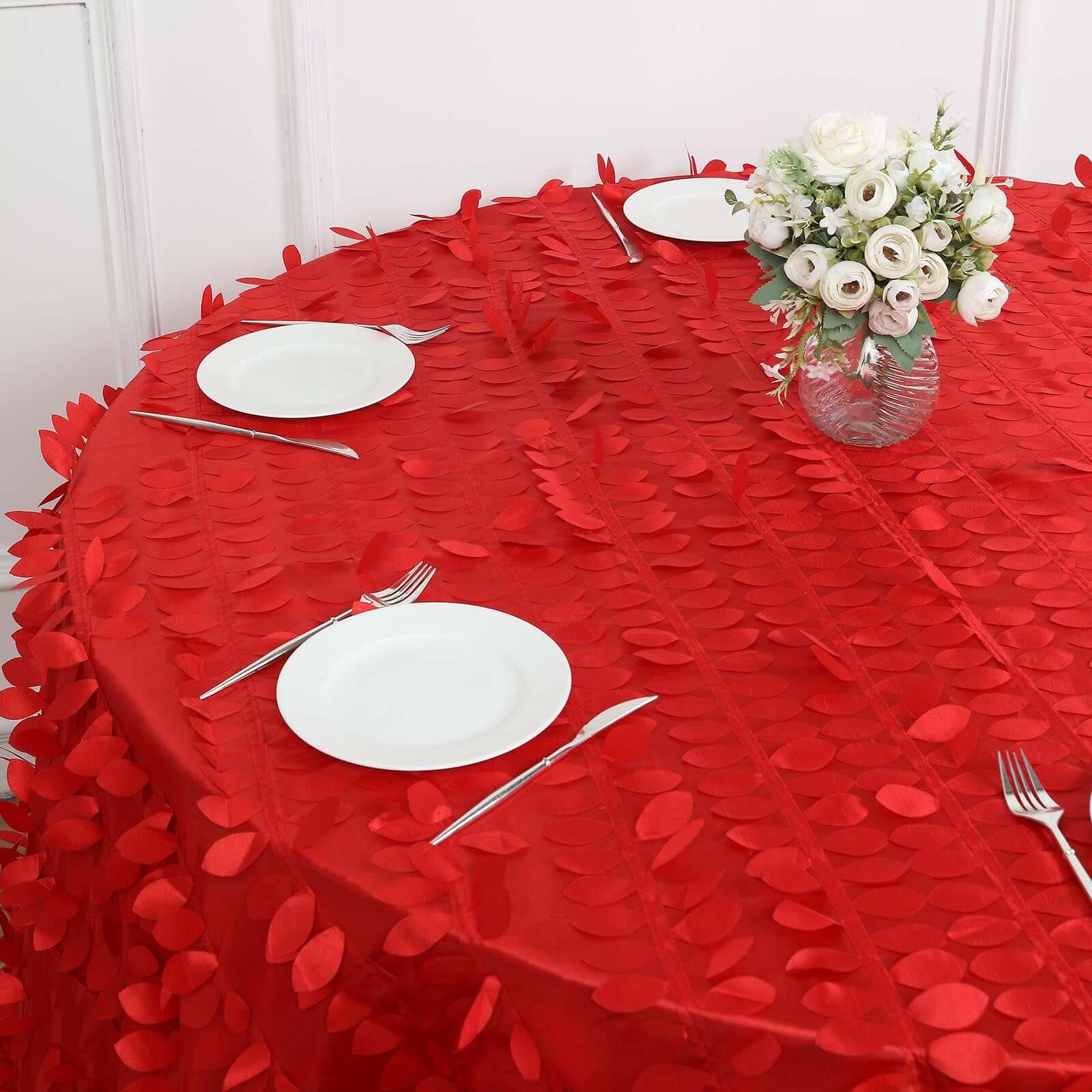 120-Inch Red Seamless 3D Leaf Petal Taffeta Round Tablecloth for 5-Foot Tables