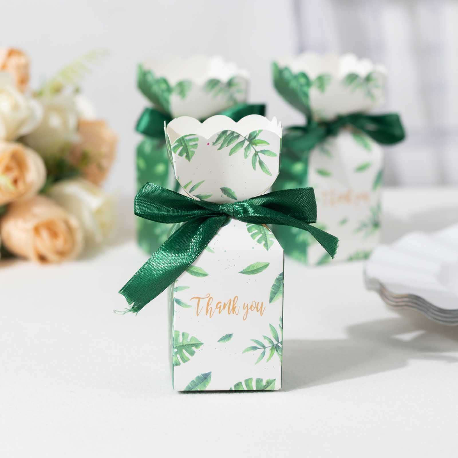 25-Pack Green Leaf Print Satin Ribbon Candy Gift Boxes - Perfect Party Favors