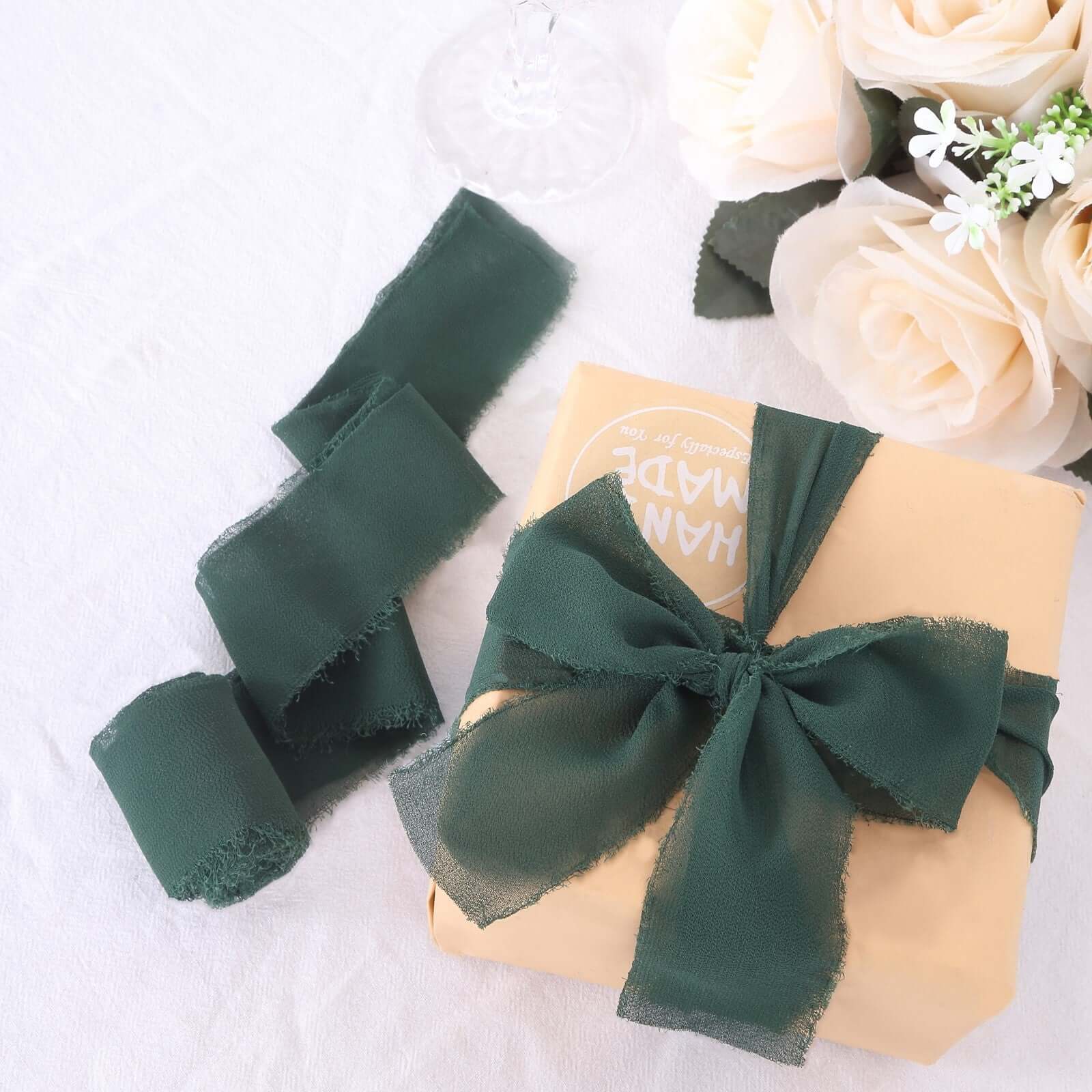 2-Pack Hunter Emerald Green Silk-Like Chiffon Ribbon Rolls for DIY Wedding Bouquets