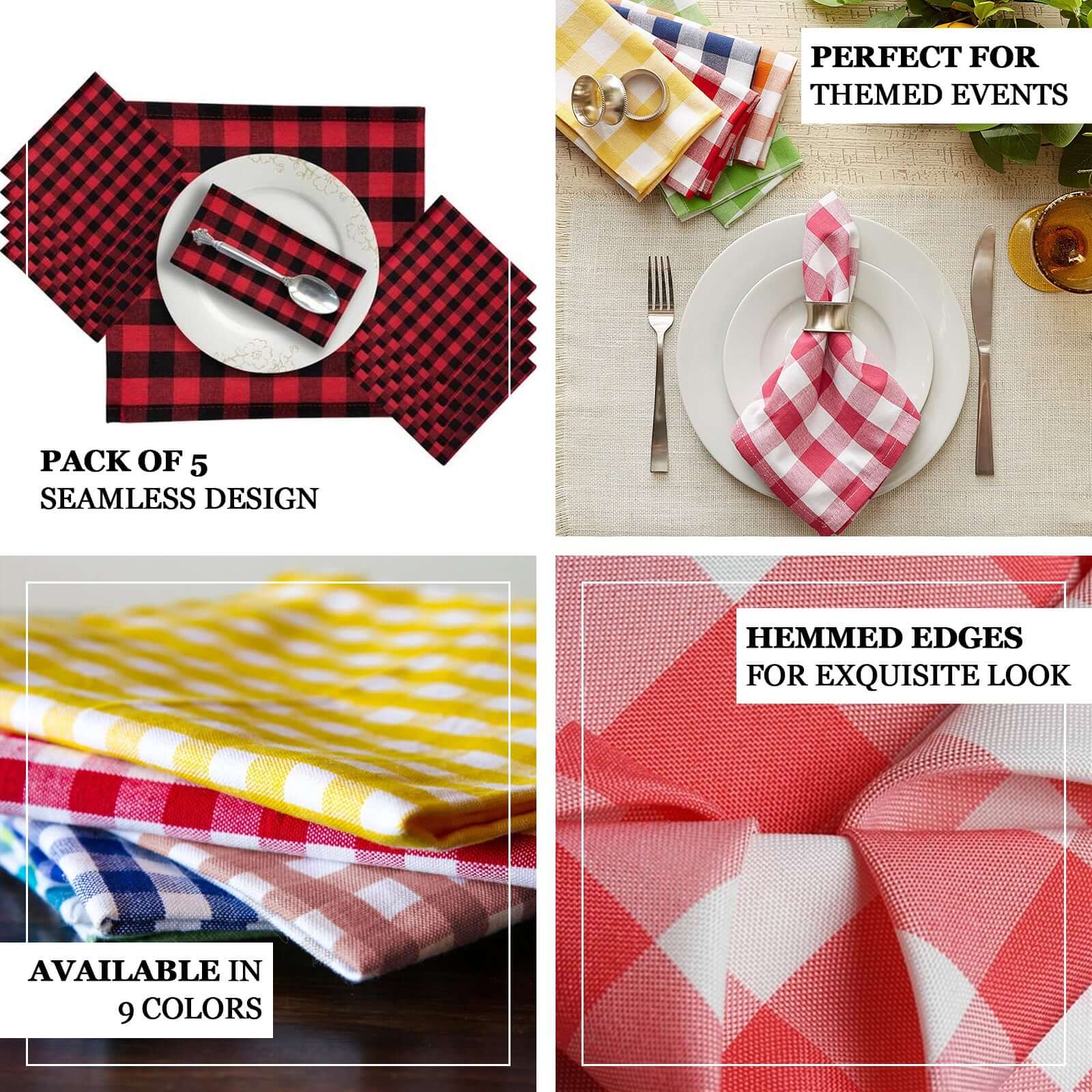 5-Pack Polyester 15x15 Square Napkins in Sage Green/White Buffalo Plaid - Ideal for Events