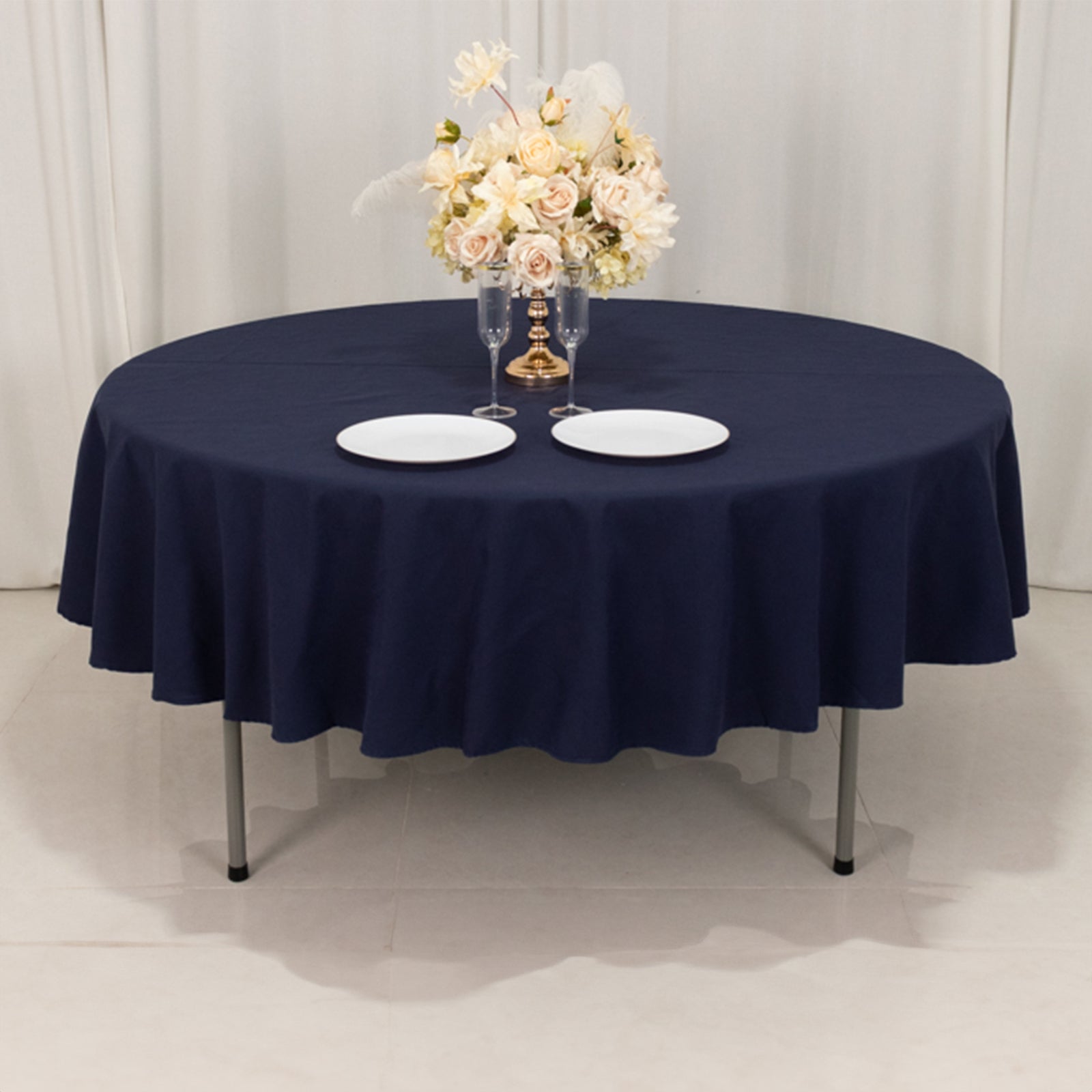 Wrinkle-Resistant Navy Blue 90" Cotton Blend Round Tablecloth