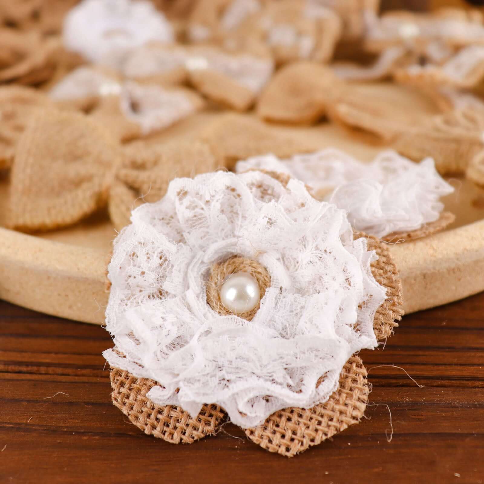 24 Pcs Natural Burlap Flower and Bow Set with Lace Ribbon, 8 Assorted Styles, 30 Sticker Dots Included