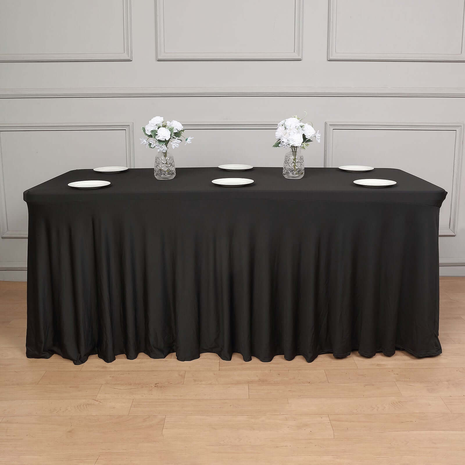 Hot! Black Spandex 72x30 Rectangle Table Skirt with Wavy Effect
