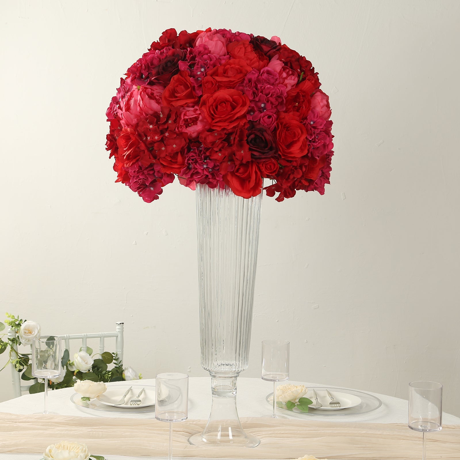 Hot Sale! Large Red Artificial Silk Rose Flower Ball Bouquet for Wedding Centerpieces and Table Decor - 20